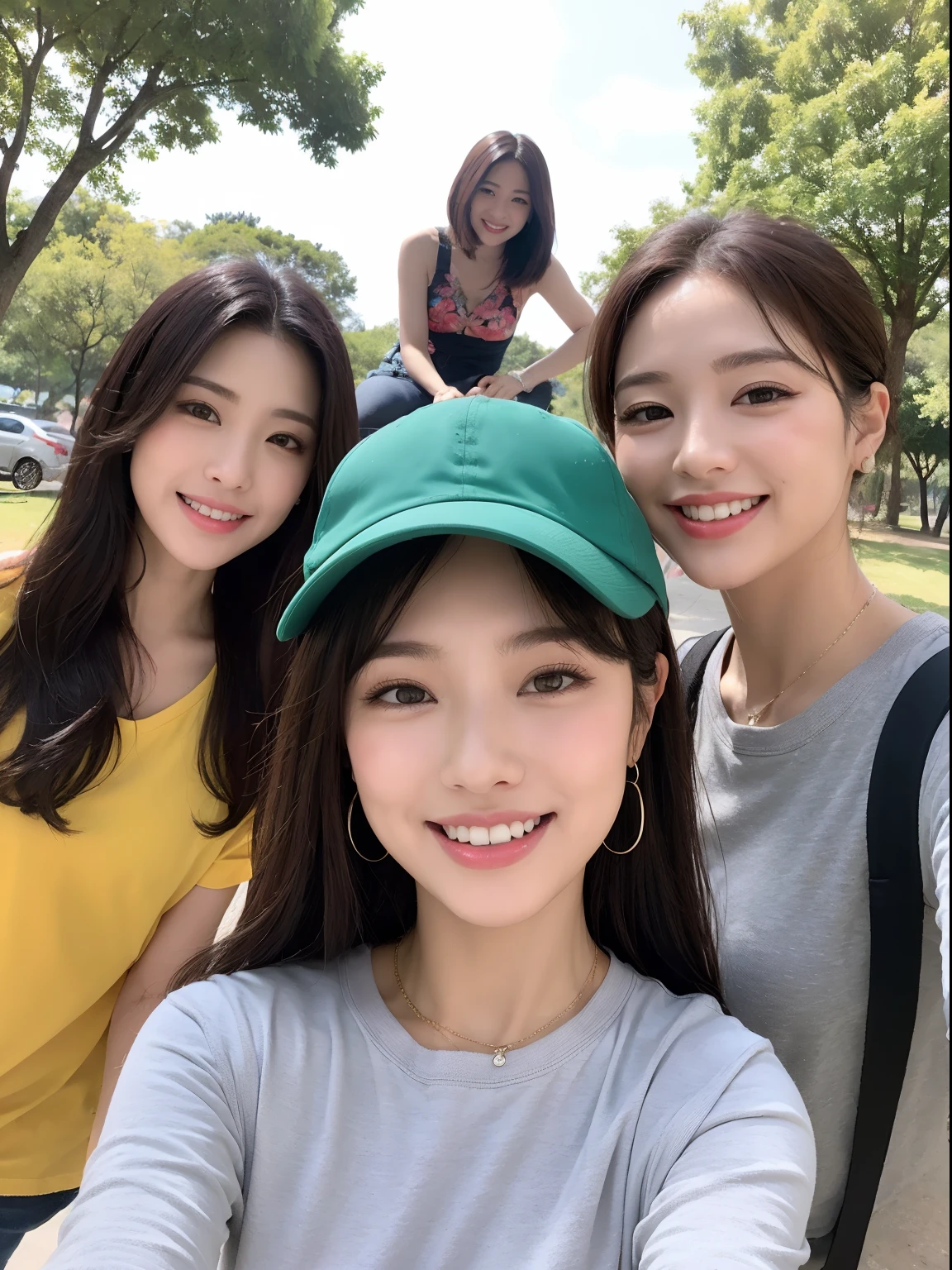 ((Melhor Qality,8k,obra-prima:1.3)), 1girle, sorrisos, corpo inteiro, Rostos finos, bela uma mulher, cabelos encorpados,Wear casual summer clothes, Rosto super detalhado, Olhos detalhados, 二重まぶた, desfocar fundo, Rostos finos,Caminhe em park with friends,