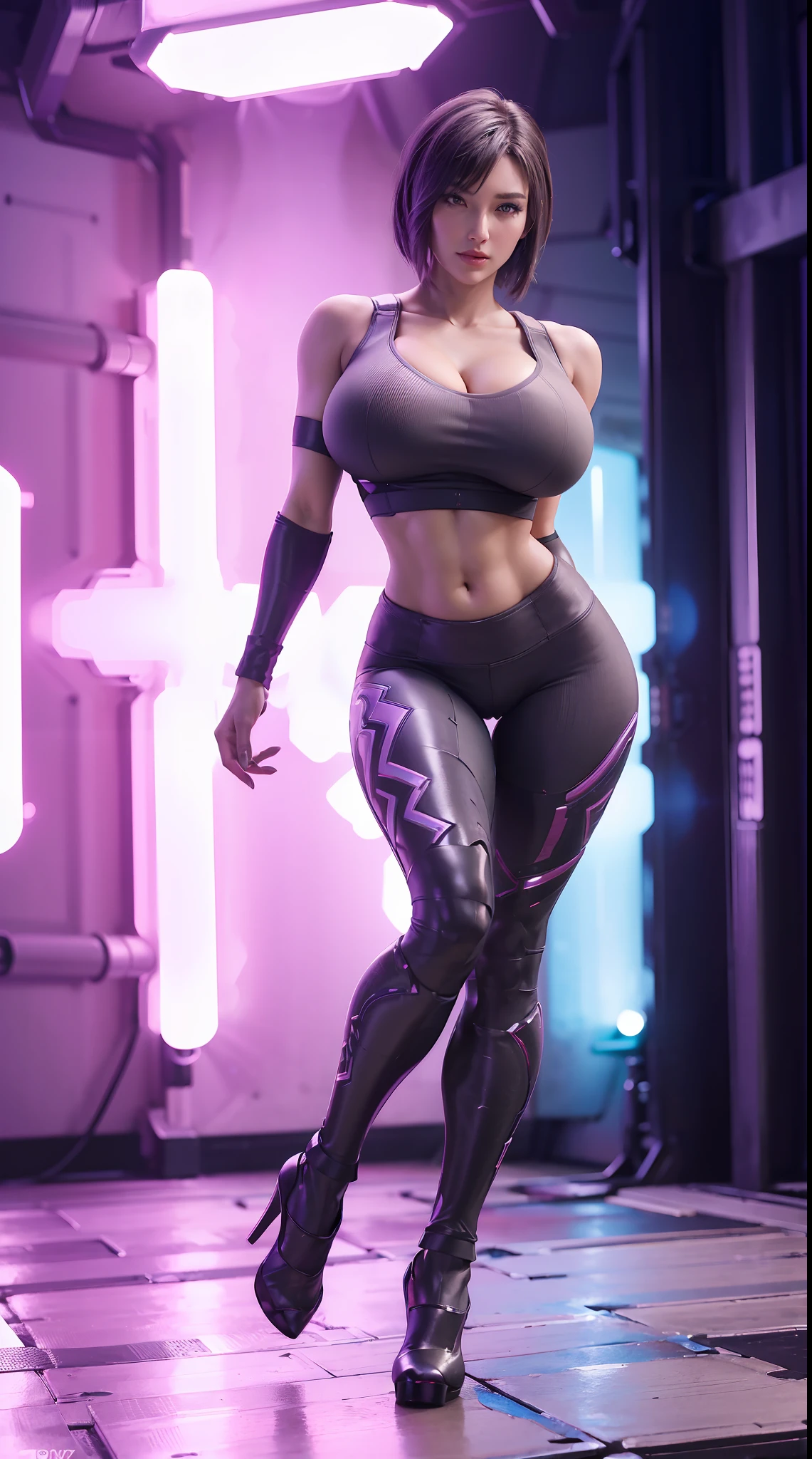 HUGE FAKE BOOBS, (BEAUTIFUL FACE), SHORT HAIR, (RGB), (FUTURISTIC MECHA BRA), (CLEAVAGE), (SKINTIGHT YOGA PANTS), (HIGH HEELS), (PERFECT BODY:1.2), (LONG LEG), (FULL BODY:1.3), FRONT, (STANDING:1), SEXY BODY, EXPOSE MUSCLE ABS, UHD, 8K, 1080P.