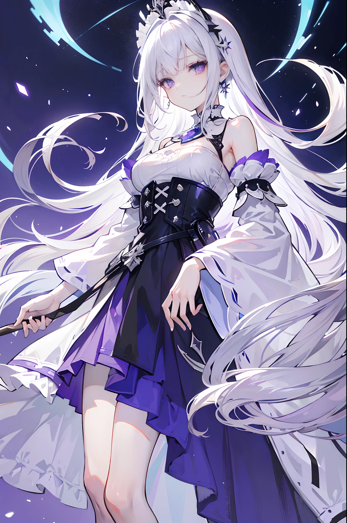 Lilac gradient hair,Asymmetrical hair,((Hair is very thick 1.8,Hair is well-defined1.6)), Hair over the shoulder, messy hair, Very long hair, shinny hair,(Long gray hair:1.2),A beautyful girl,(Luxurious Platinum Mini Lolita,Made of transparent material),(Transparent clothes transparent 1.8),perfect body figure,high and high,slenderness,(looking sad,Haggard complexion、pale nipples ,grieves,close your mouth:1.2) Against the backdrop of an unusually bright dark starry sky,(Place your hands behind your back),(Round, medium large, firm breast),Barefoot,afloat,waterface,(long leges,long leges,long leges,Perfect leg shape),Full body photo。