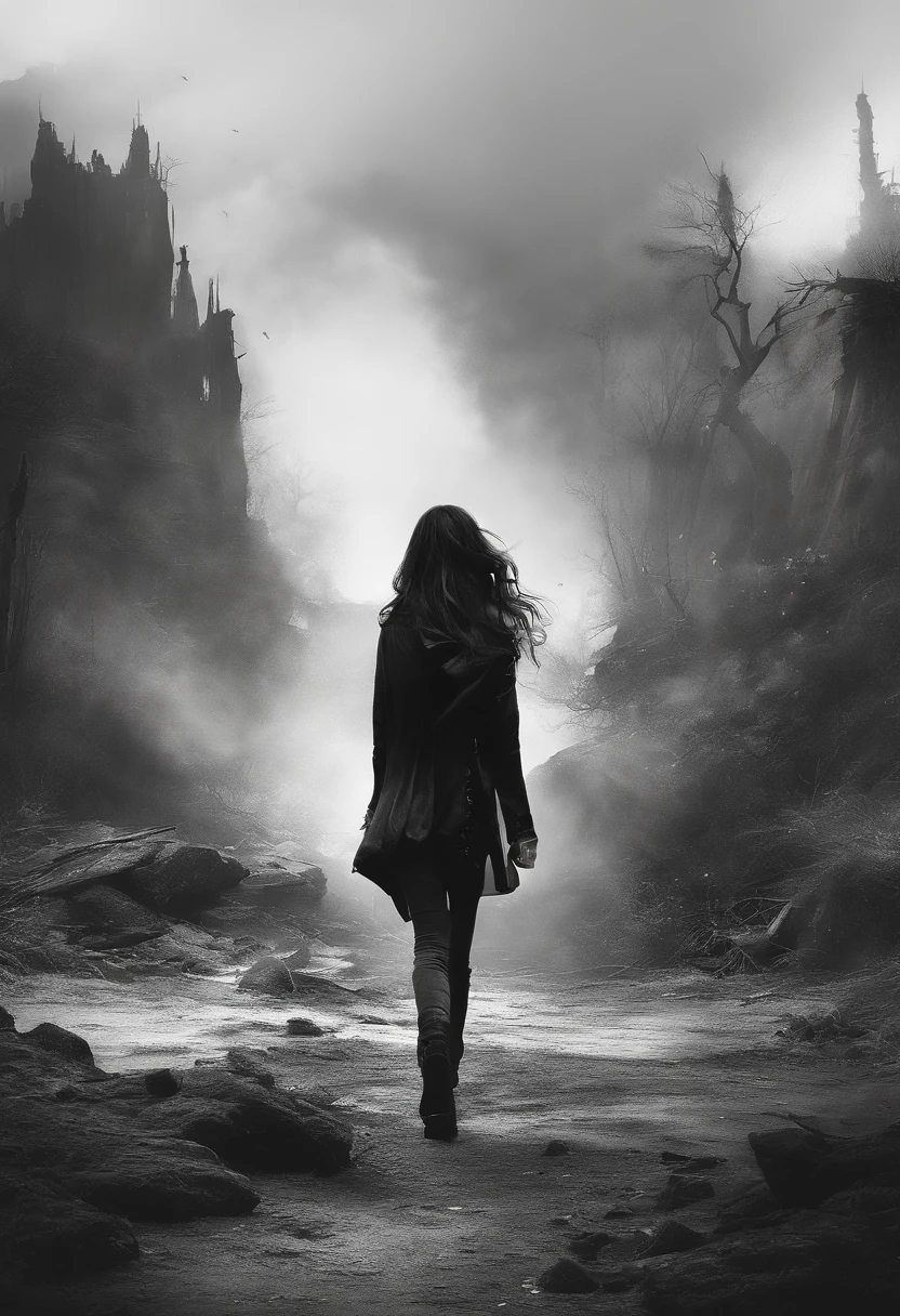 garoto adolescente, cabelo cacheado preto, black and white manga style, mystical clothes, Walking in a totally destroyed world