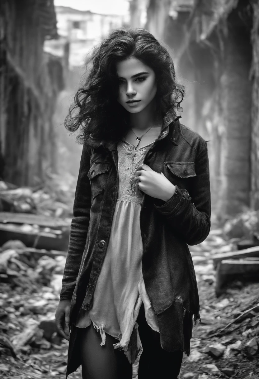garoto adolescente, cabelo cacheado preto, black and white manga style, mystical clothes, Walking in a totally destroyed world