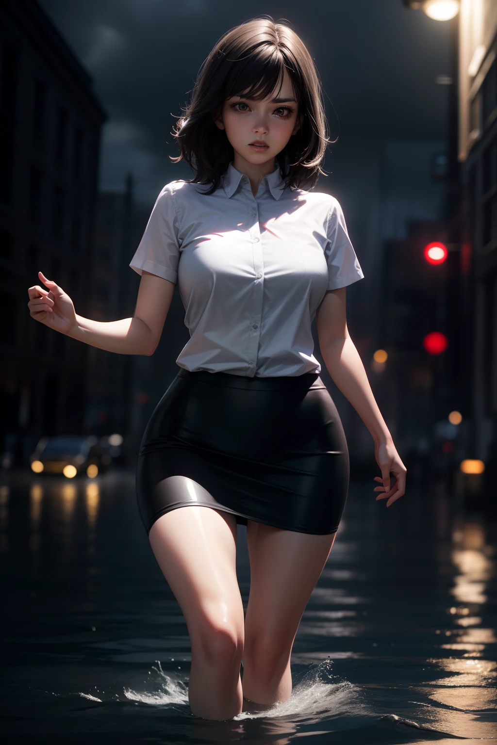 A sexy tight skirt girl walking on water in a storm, masterpiece, best quality, high quality, extremely detailed CG unit 8k wallpaper, award winning photography, bokeh, depth of field, HDR, flood, chromatic aberration, realistic, very detailed, popular on artstation, popular on CGsociety, complex, high detail, dramatic, art on the go, volumetric lighting