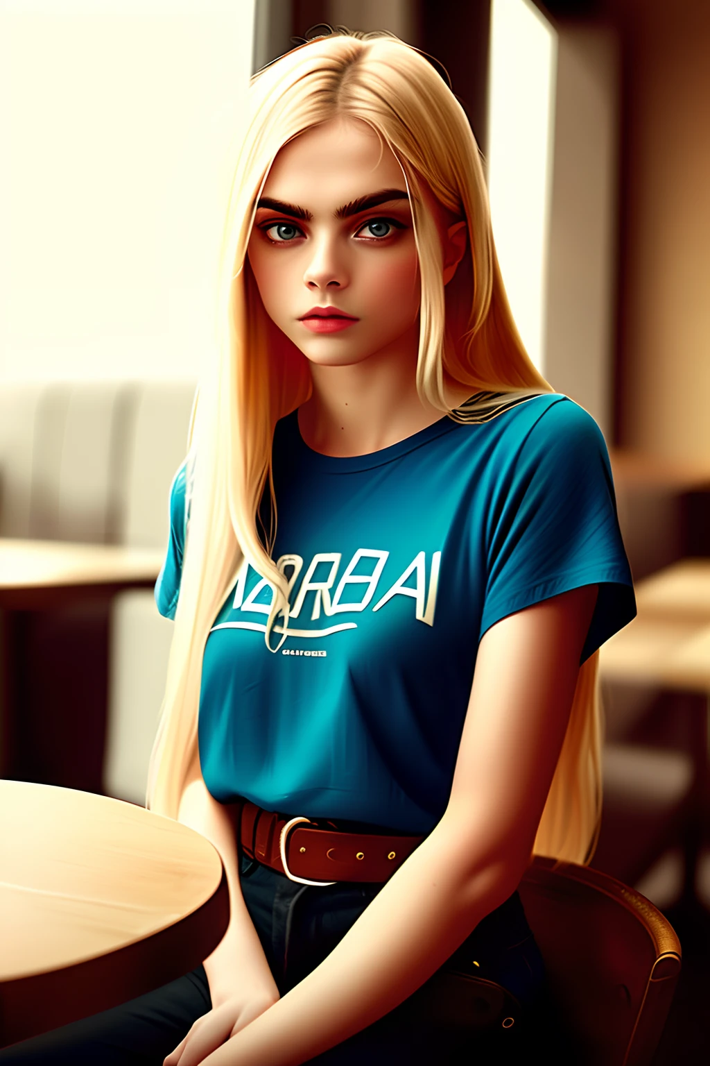 beautiful woman, long straight blonde hair, wearing a white t-shirt without print, wearing leather belt, front view (sitting inside a modern restaurant at night), Cara Delevingne, very detailed, 30 years, natural wave hair, blue eyes, high-res, masterpiece, best quality, intricate details, highly detailed, sharp focus, detailed skin, realistic skin texture, texture, detailed eyes,  professional, 4k, Canon shooting, 85mm, shallow depth of field, kodak color vision, perfect fit body, extremely detailed, photo_\(ultra\), photorealistic, realistic, post-processing, maximum detail, roughness, real life, ultra realistic, photorealism, photography, 8k uhd, photography (grain of film) medium shot for closeup shot atmospheric dark lighting