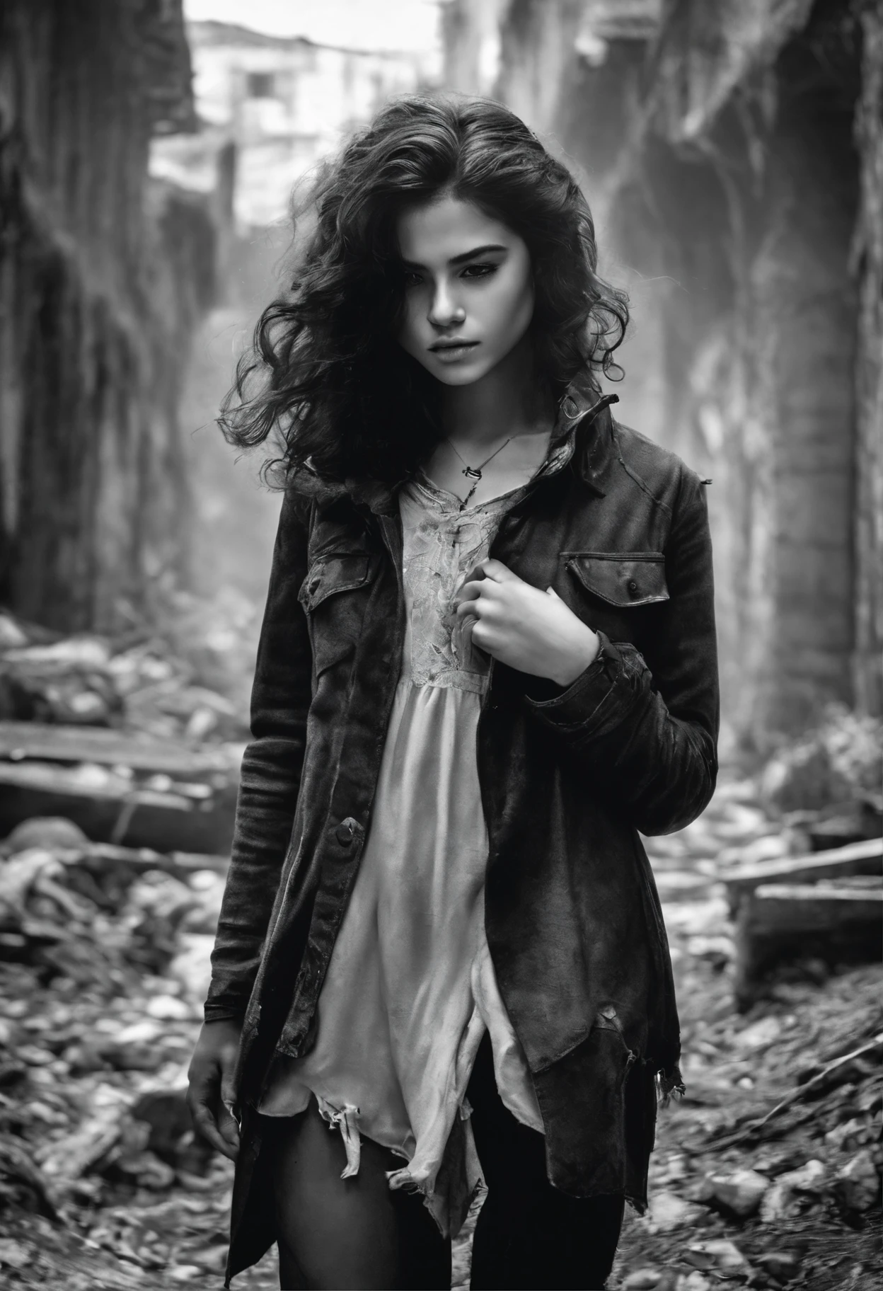 garoto adolescente, cabelo cacheado preto, black and white manga style, mystical clothes, Walking in a totally destroyed world