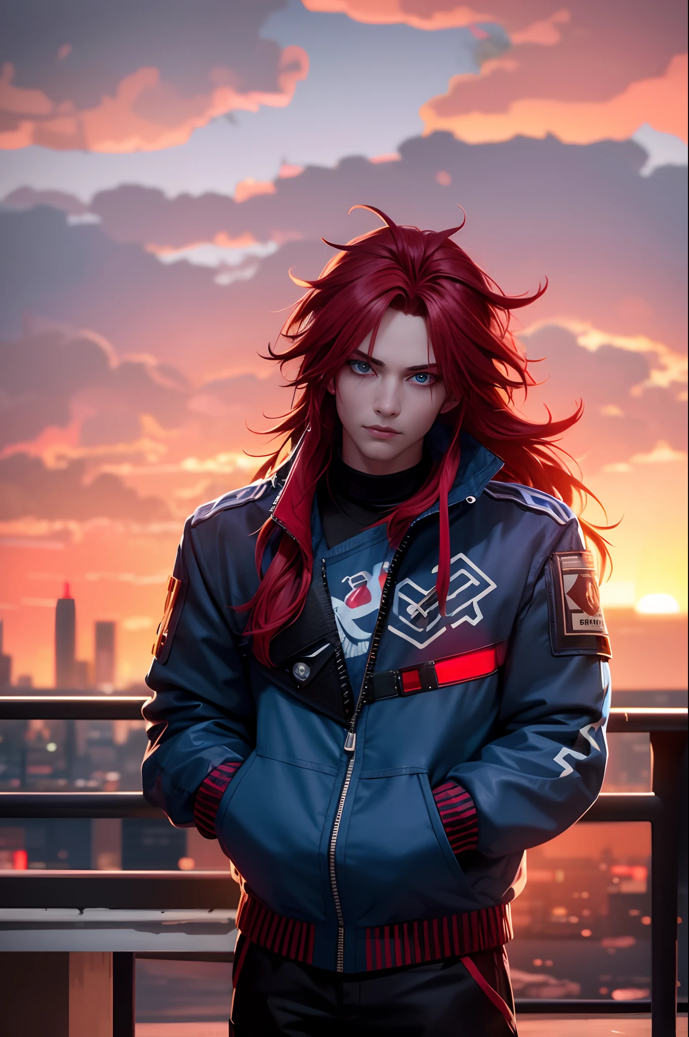 boy, blue eyes, he is looking at the sunset, his hair is long and red, he wears a cyberpunk jacket, Cloudy skies, Neon lights, Vibrant city streets, Unreal engine, 8K, Ultra detailed, High quality, Futuristic, Cyberpunk, Aesthetic, Photography, Dynamic lighting, Film photography, Ultra-realism, Hyperrealism, Romantic, Tranquil, Stormy