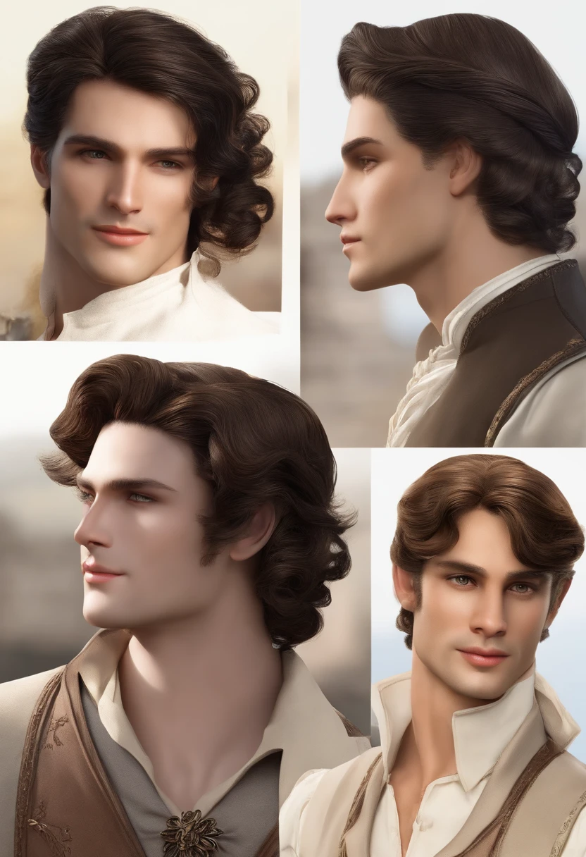 Handsome noble man in Renaissance、 Renaissance fashion is characterized by dressy and elegant design。Ruffles and laces、2. **hairstyle on**: Men's hairstyles in the Victorian era are often short and neat with longer hair tied up in a pony tale。3. **Features**: Man's facial features with elegant features、Handsome、vulpine、Sly, welcoming, smiling, vulpine grin, friendly. Clothes, Dublet, Mockingbird design on shirt, blue and black. Black Hair.