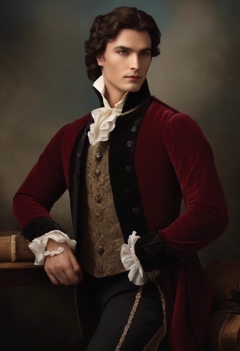 Handsome noble man in Renaissance、 Renaissance fashion is characterized by dressy and elegant design。Ruffles and laces、2. **hairstyle on**: Men's hairstyles in the Victorian era are often short and neat with longer hair tied up in a pony tale。3. **Features**: Man's facial features with elegant features、Handsome、vulpine、Sly, welcoming, smiling, vulpine grin, friendly. Clothes, Dublet, Mockingbird design on shirt, blue and black. Black Hair.