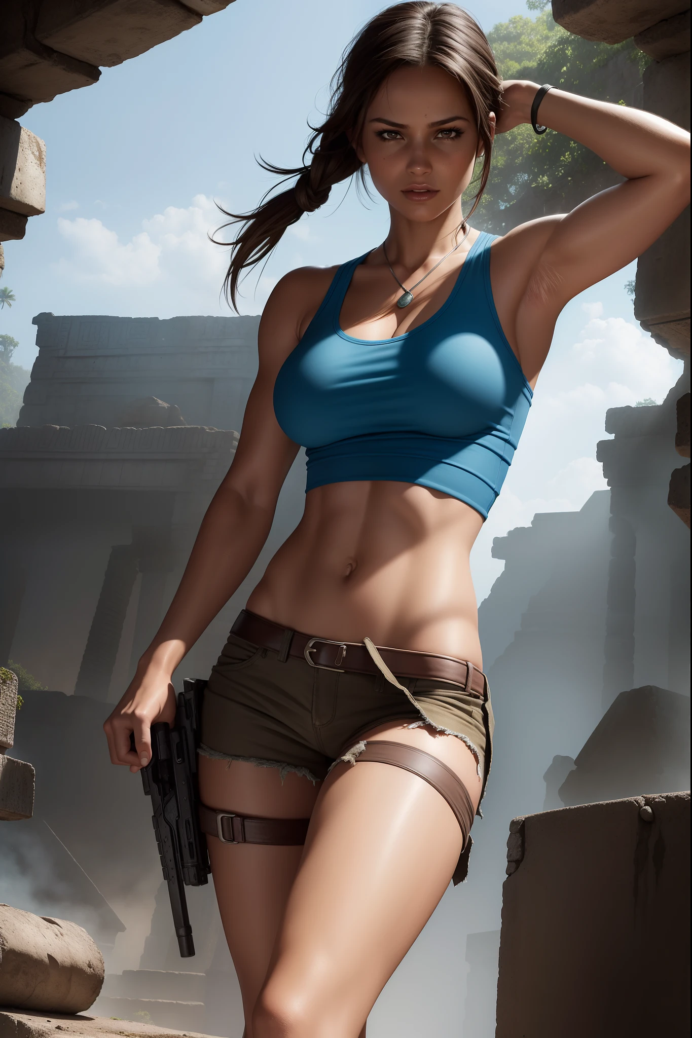 sexy Lara Croft Tomb Raider, blue tank top, Mayan ruins background, torn clothes, good lighting, athletic and fit body, cleavage, perfect hands, detailed hands, perfect eyes, detailed eyes, realistic, HDR, UHD, dynamic