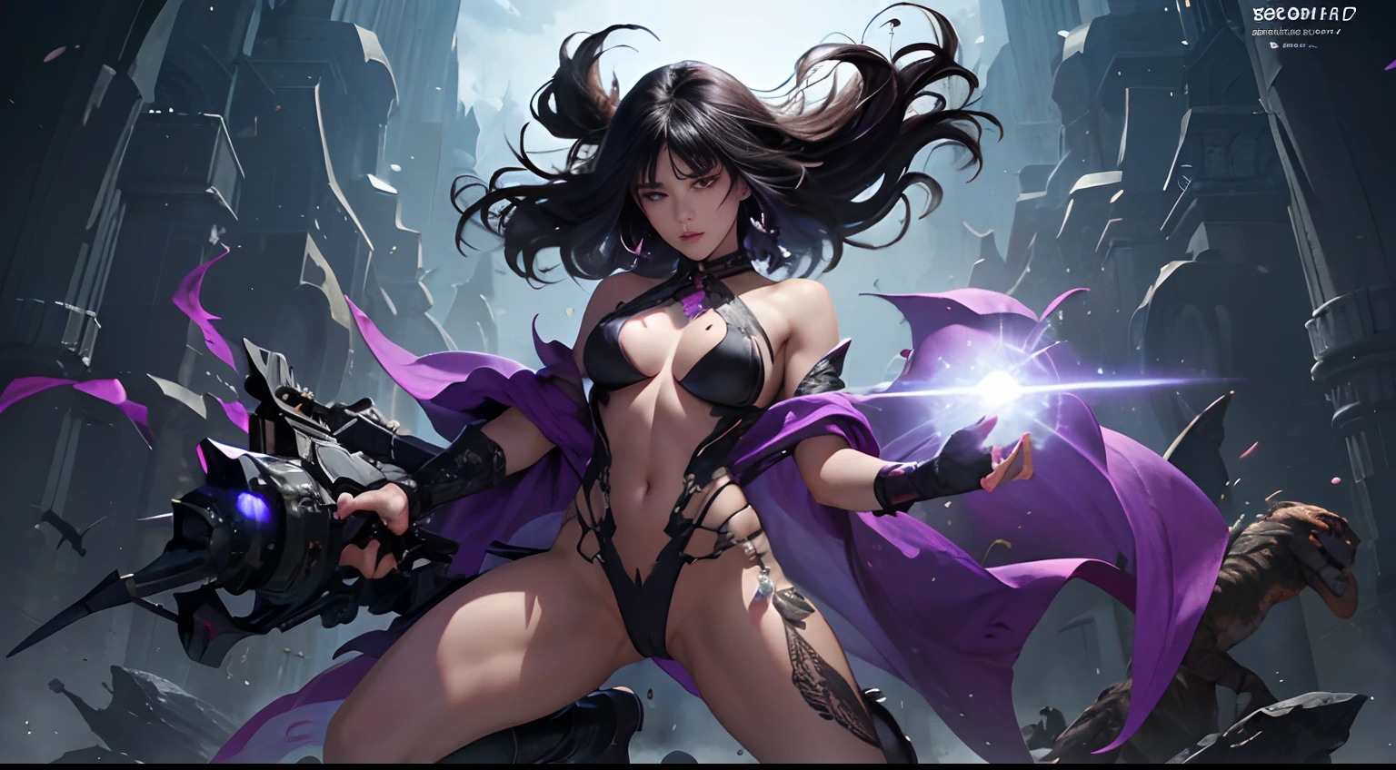 (Best Quality,4K,High resolution), Vampires,(Best Quality,4K,High resolution),Jet black hair on a black body, Body covered with hair all over the body, transform,An abnormal,sharp eye,shining purple eyes,Facial expression enhancement,,Changing the Appearance of a Transform,beast,Beastification,buttle,Delicate illustrations drawn in detail,Realistic skin texture expression,Realistic portrayal,Vibrant colors,expresive,Classic background(Best Quality,4K,High resolution), Comical appearance,(Best Quality,4K,High resolution), 18yo woman, Purple highlights on black hair, Bery short hair, short-haired disheveled hair, Cool Woman,Vampire,Cold eyes ,sharp eye,Intricately decorated ripped clothes,Realistic muscles delicately expressed in detail、well-muscled、Small breasts、comic strip,animesque,Comical illustration,busy,Deformed cute illustration,Full body projection,Doomsday World、Forward leaning position、Fighting,Gothic background、Light Racingluminescence