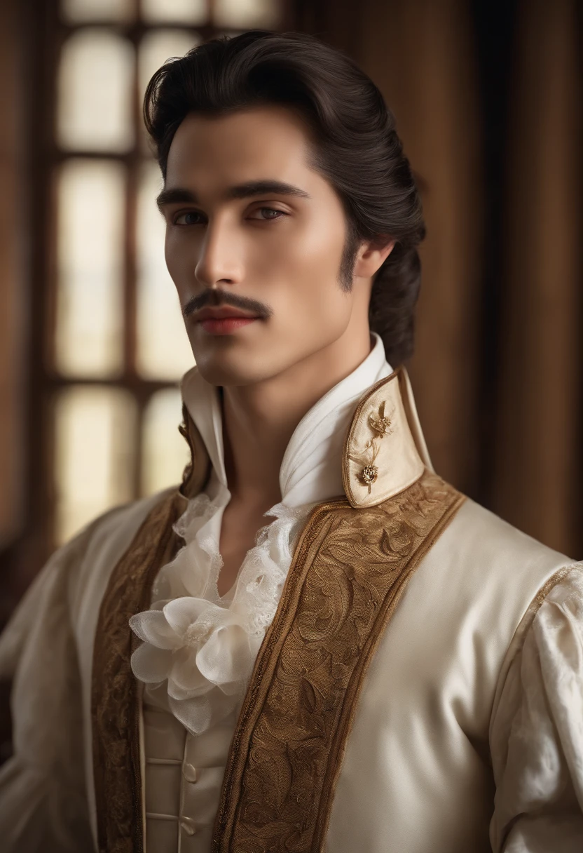 Handsome Renaissance nobleman. In photograph style. Realistic. Masterpiece. Renaissance fashion is characterized by dressy and elegant design。Ruffles and laces、2. **hairstyle on**: Men's hairstyles in the Victorian era are often short and neat with longer hair tied up in a pony tale。3. **Features**: Man's facial features with elegant features、Handsome、vulpine、Sly, welcoming, smiling, vulpine grin, friendly. Clothes, Dublet, blue and black. Long Black Hair. Ponytail. Wears a golden broach. The broach is in the form of a bird.