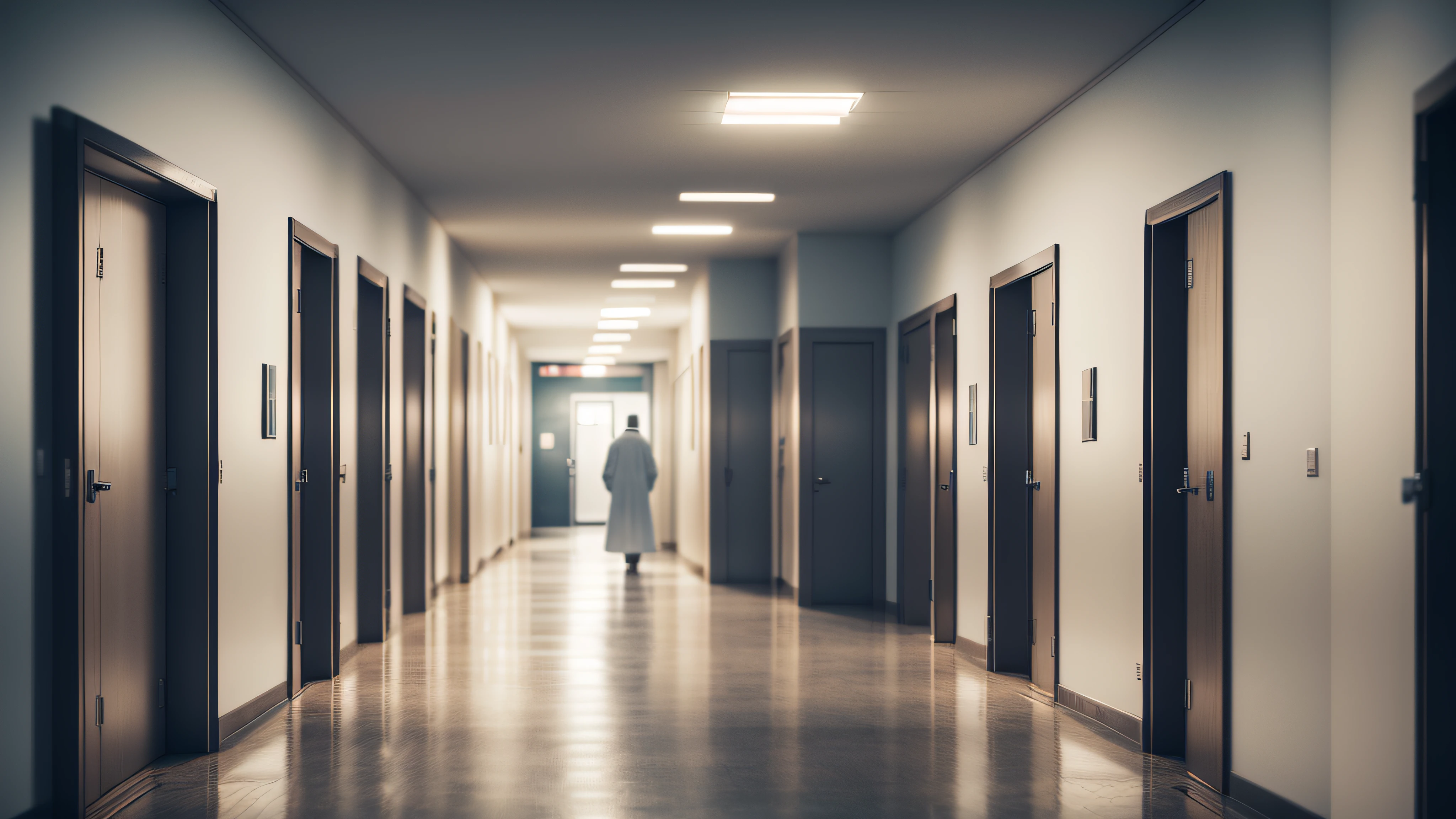 Extremely detailed, best quality, internal area of a hospital, hospital corridor, dark, doctor entering a room in the distance, 8k, realistic, night, doctor in white coat, dark environment