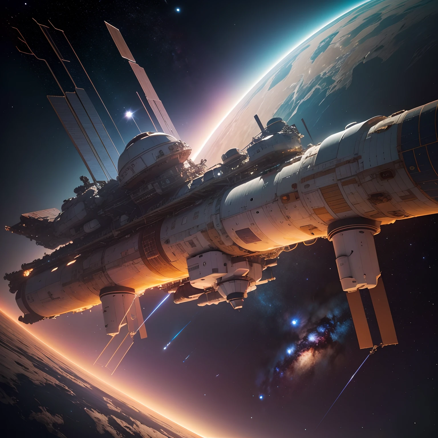 Create an image that depicts a space station in deep space. It must be an artist's view of the first permanently inhabited space station, a ISS (International Space Station). Explore the space scenery, The shapes of the station and the beauty of the cosmos around it. Use color and detail to highlight the wonder of science and international cooperation in space."