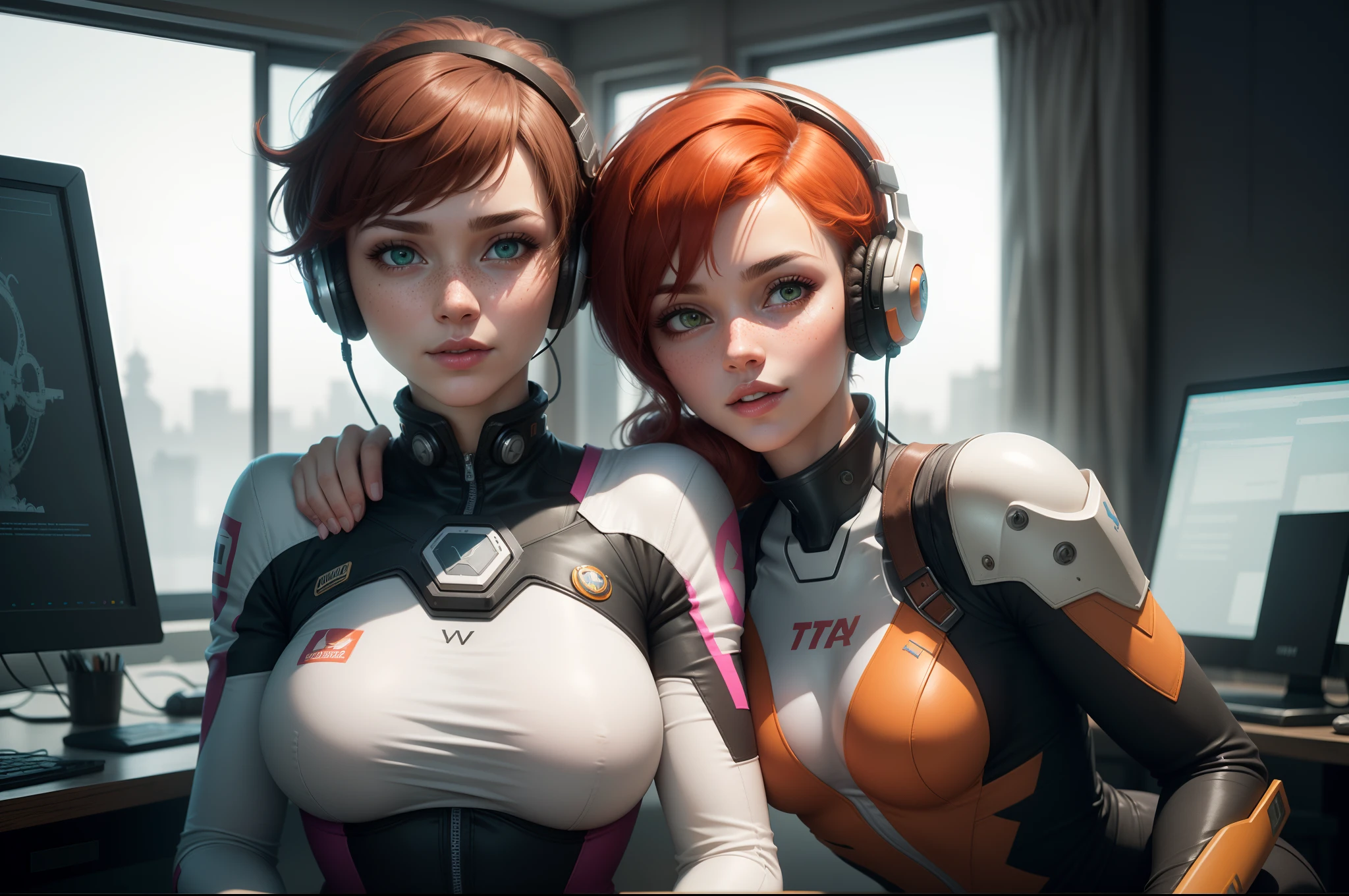gwen tennyson,tracer,d.va,rebecca chambers,overwatch,gundam,1girl,close up,mecha pilot,spacecraft,orange and blue plugsuit,pilot jacket,hair pin,pirate corset,white long sleeve lycra top,white leggings,short hair,cute makeup,green eyes,orange and pink hair,shy smile, freckles,redhead,beautiful girl,large breasts,ultra detailed,realistic,fantasy art, gaming room,gaming headset,