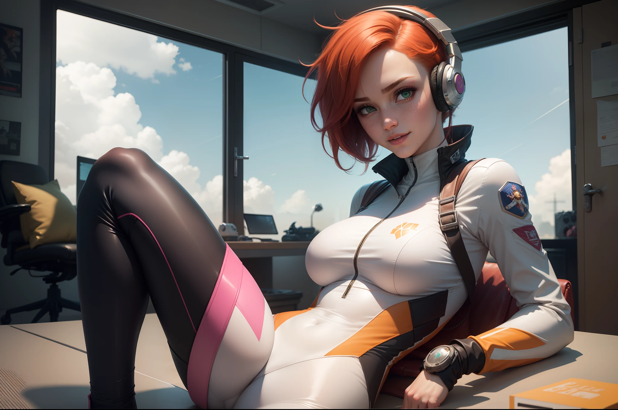 gwen tennyson,tracer,d.va,rebecca chambers,overwatch,gundam,1girl,close up,mecha pilot,spacecraft,orange and blue plugsuit,pilot jacket,hair pin,pirate corset,white long sleeve lycra top,white leggings,short hair,cute makeup,green eyes,orange and pink hair,shy smile, freckles,redhead,beautiful girl,large breasts,ultra detailed,realistic,fantasy art, gaming room,gaming headset,