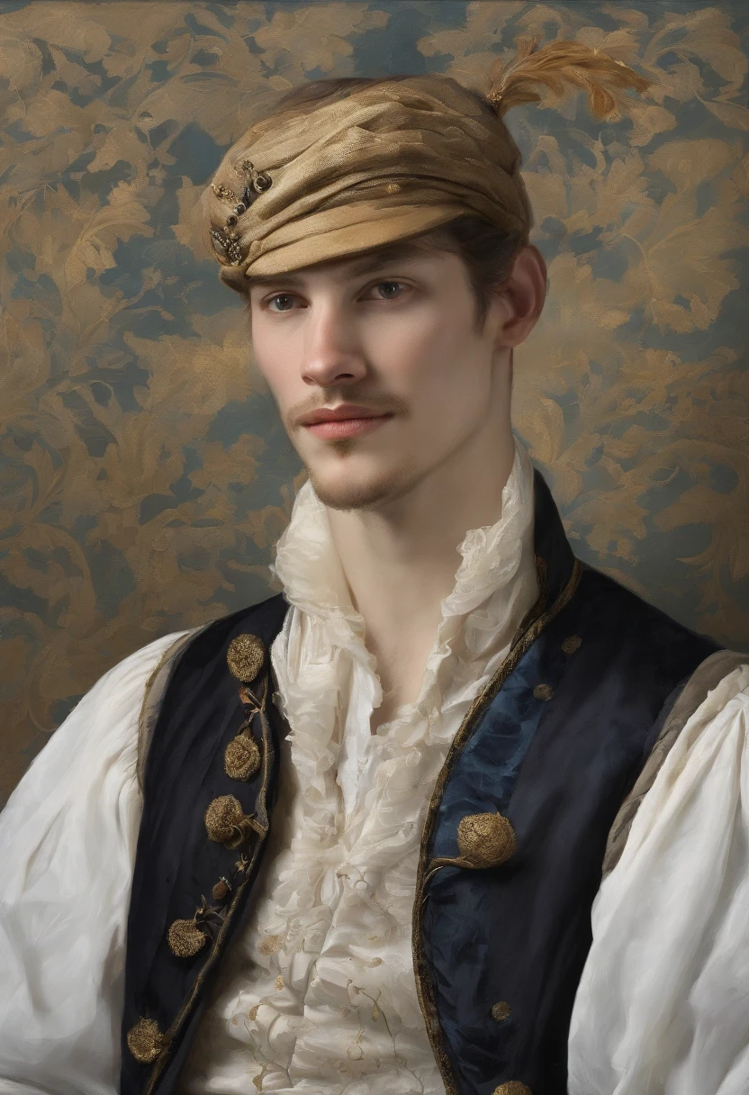 Handsome Renaissance nobleman. In photograph style. Realistic. Masterpiece. Renaissance fashion is characterized by dressy and elegant design。Ruffles and laces、2. **hairstyle on**: Men's hairstyles in the Victorian era are often short and neat with longer hair tied up in a pony tale。3. **Features**: Man's facial features with elegant features、Handsome、vulpine、Sly, welcoming, smiling, vulpine grin, friendly. Clothes, Dublet, blue and black. Long Black Hair. Ponytail. Wears a golden broach. The broach is in the form of a bird.