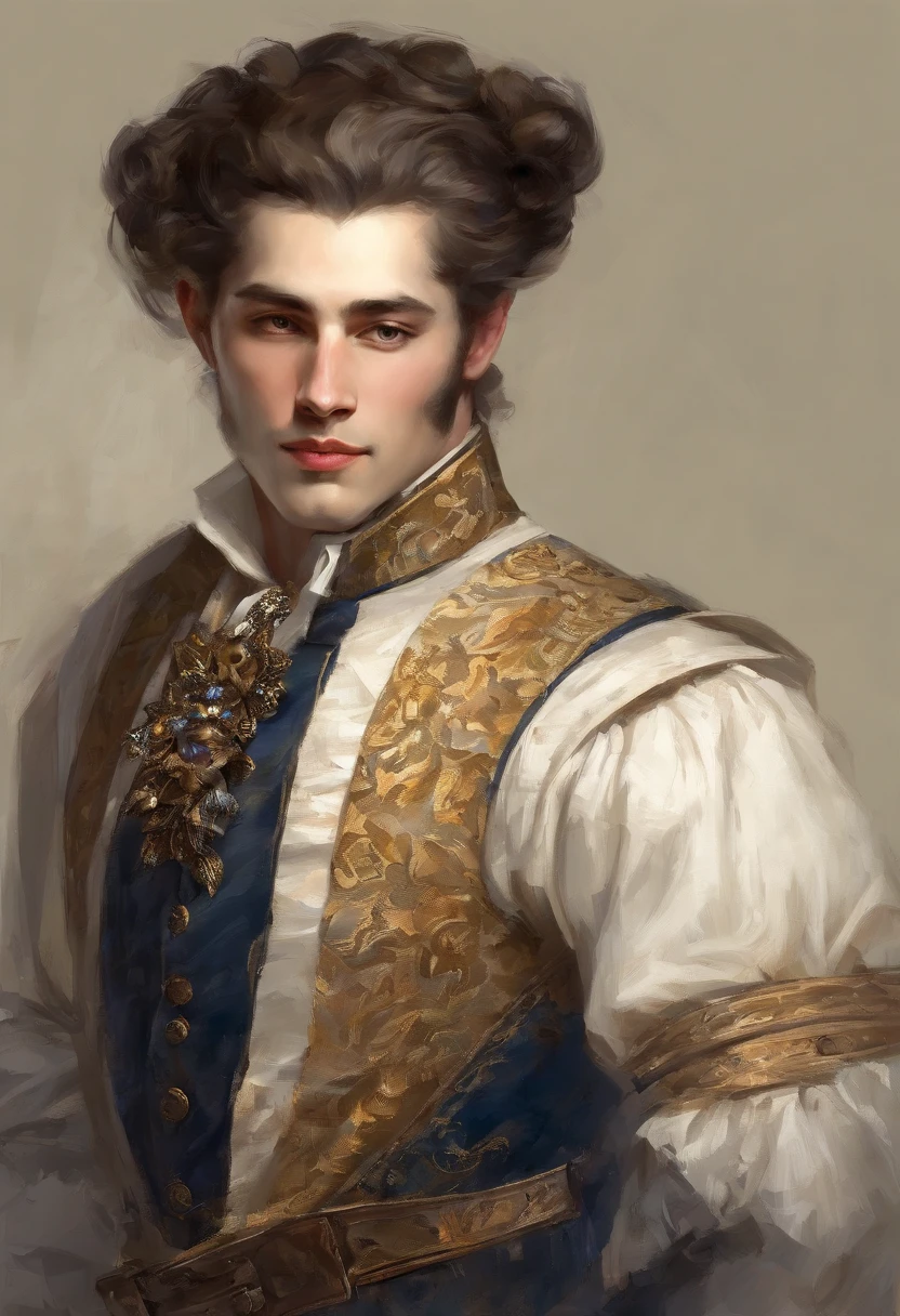 Handsome Renaissance nobleman. In photograph style. Realistic. Masterpiece. Renaissance fashion is characterized by dressy and elegant design。Ruffles and laces、2. **hairstyle on**: Men's hairstyles in the Victorian era are often short and neat with longer hair tied up in a pony tale。3. **Features**: Man's facial features with elegant features、Handsome、vulpine、Sly, welcoming, smiling, vulpine grin, friendly. Clothes, Dublet, blue and black. Long Black Hair. Ponytail. Wears a golden broach. The broach is in the form of a bird.