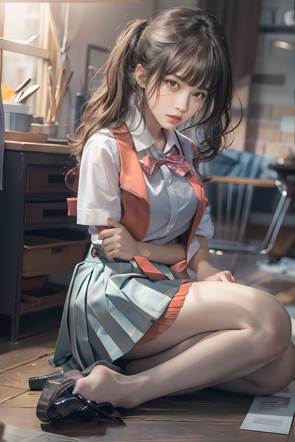 ultra realistic 8k cg, picture-perfect face, flawless, clean, masterpiece, professional artwork, famous artwork, perfect face, beautiful face, beautiful eyes, ((perfect female body)), solo,(immersive atmosphere, chiaroscuro:1.5,bright light:1.2,luminous lighting)
,,(blush:0.5),seductive expression,extremely detailed_eyes,thick thighs,large breasts,
beautifully detailed background,depth of field,realistic:1.3, long shot,1girl,shirt,pleated skirt, school uniform, sitting, full body,
(ambient light:1.3),(cinematic composition:1.3),(neon lights:0.1),(HDR:0.1),Accent Lighting, white pantyhose,