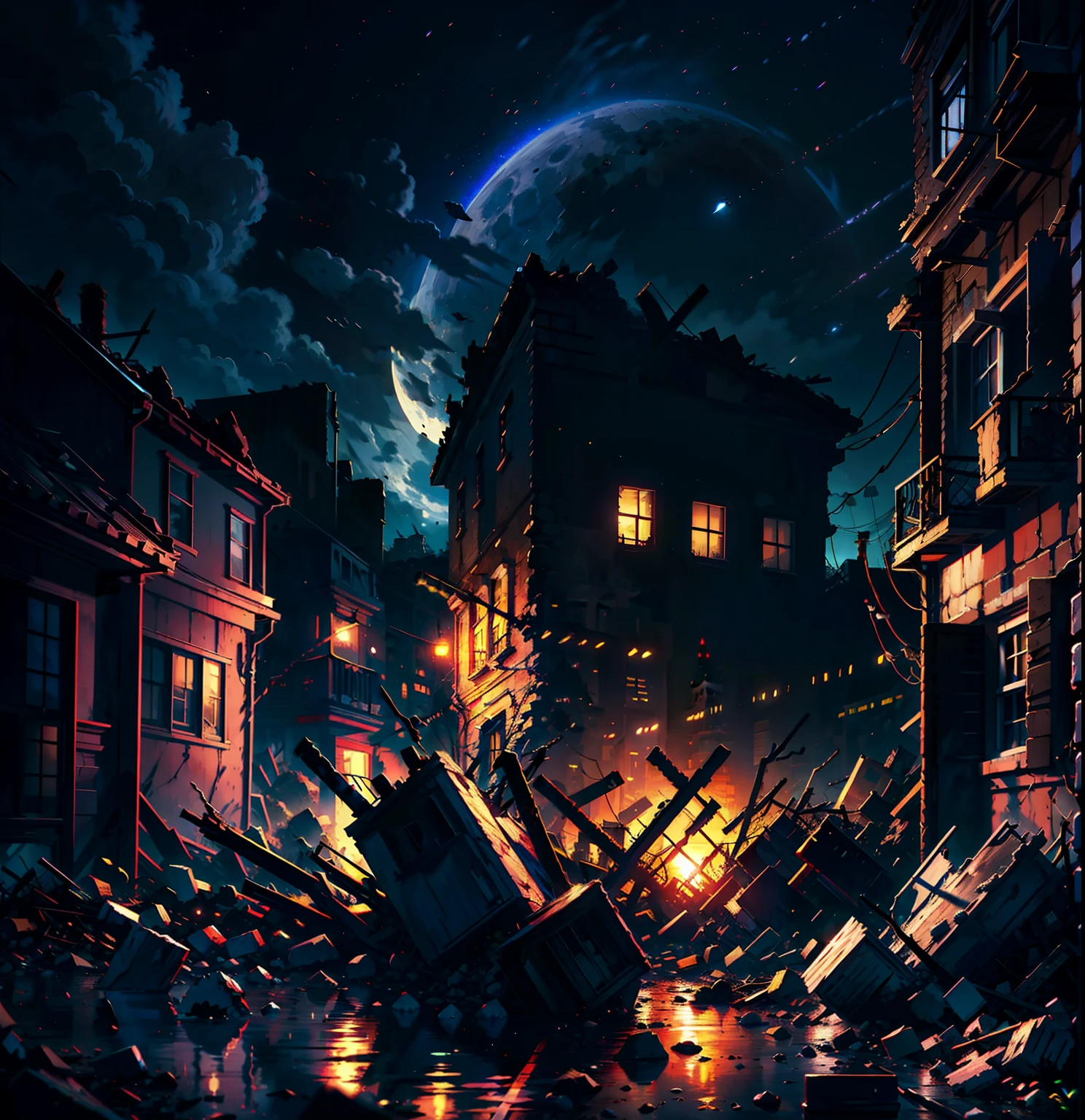 Night, street, sky, moon, firelight, ruins, rubble, highly real, 4K, chiaroscuro, super high detail