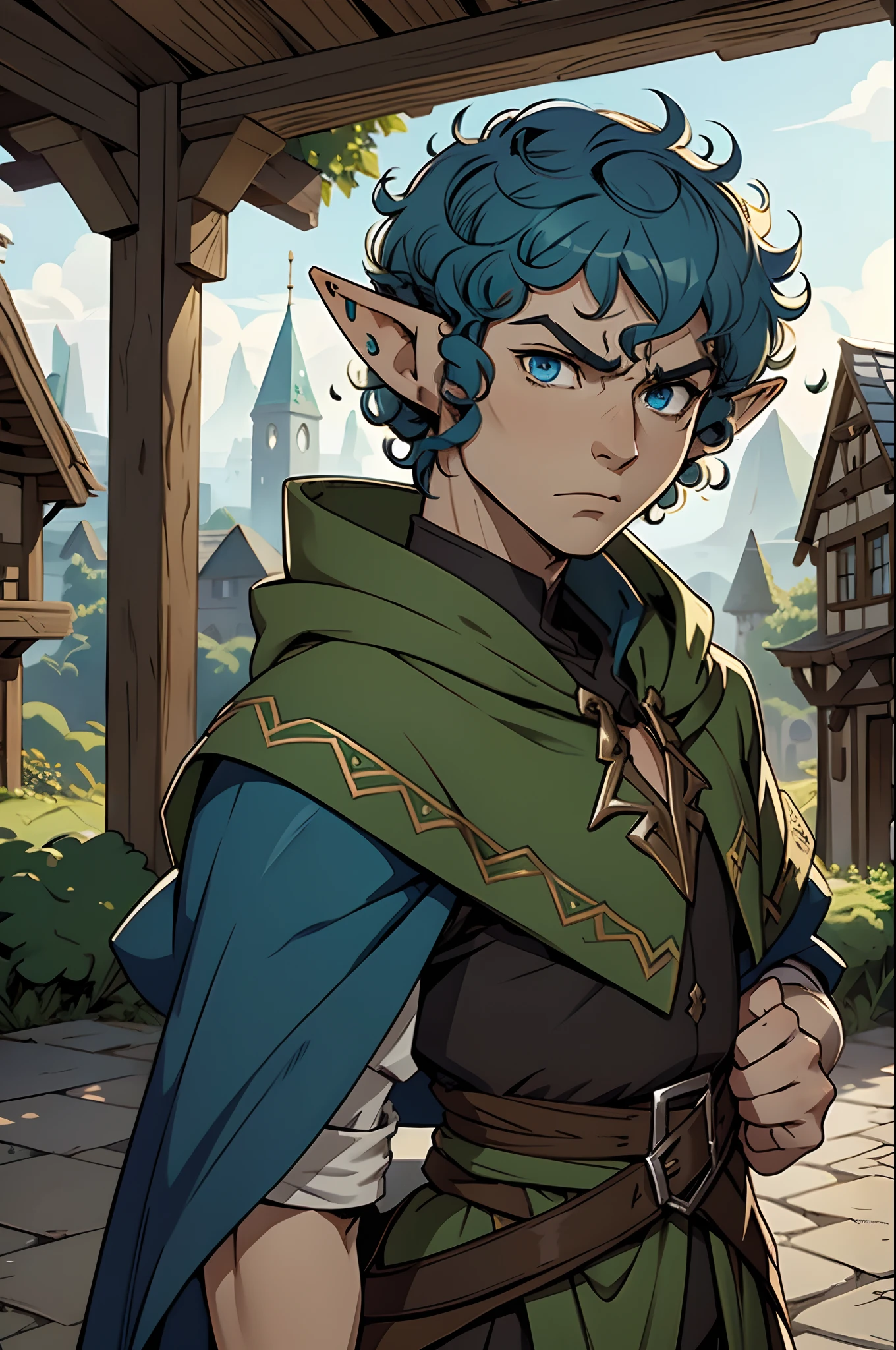 Solo, male, 1boy, (((elf, elf ears))), blue eyes, (((curly hair, short hair))), fantasy village, cloak, angry, frustrated, annoyed