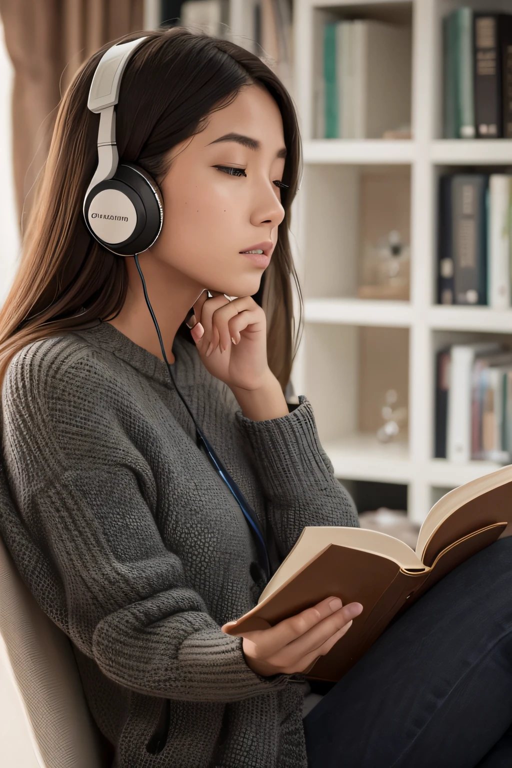 Imagen: [Crea una persona escuchando un audiolibro]

Palabras clave descriptivas: [Imagine a scene that reflects concentration and enjoyment of reading]

photographic style: [Capture the image in a contemporary, minimalist style]

Tono: [Conveys a sense of tranquility and focus]

Objeto: [Incluye unos auriculares sobre las orejas de la persona]

action: [The person is sitting comfortably, with headphones on and a fully absorbed expression while listening to the audiobook]