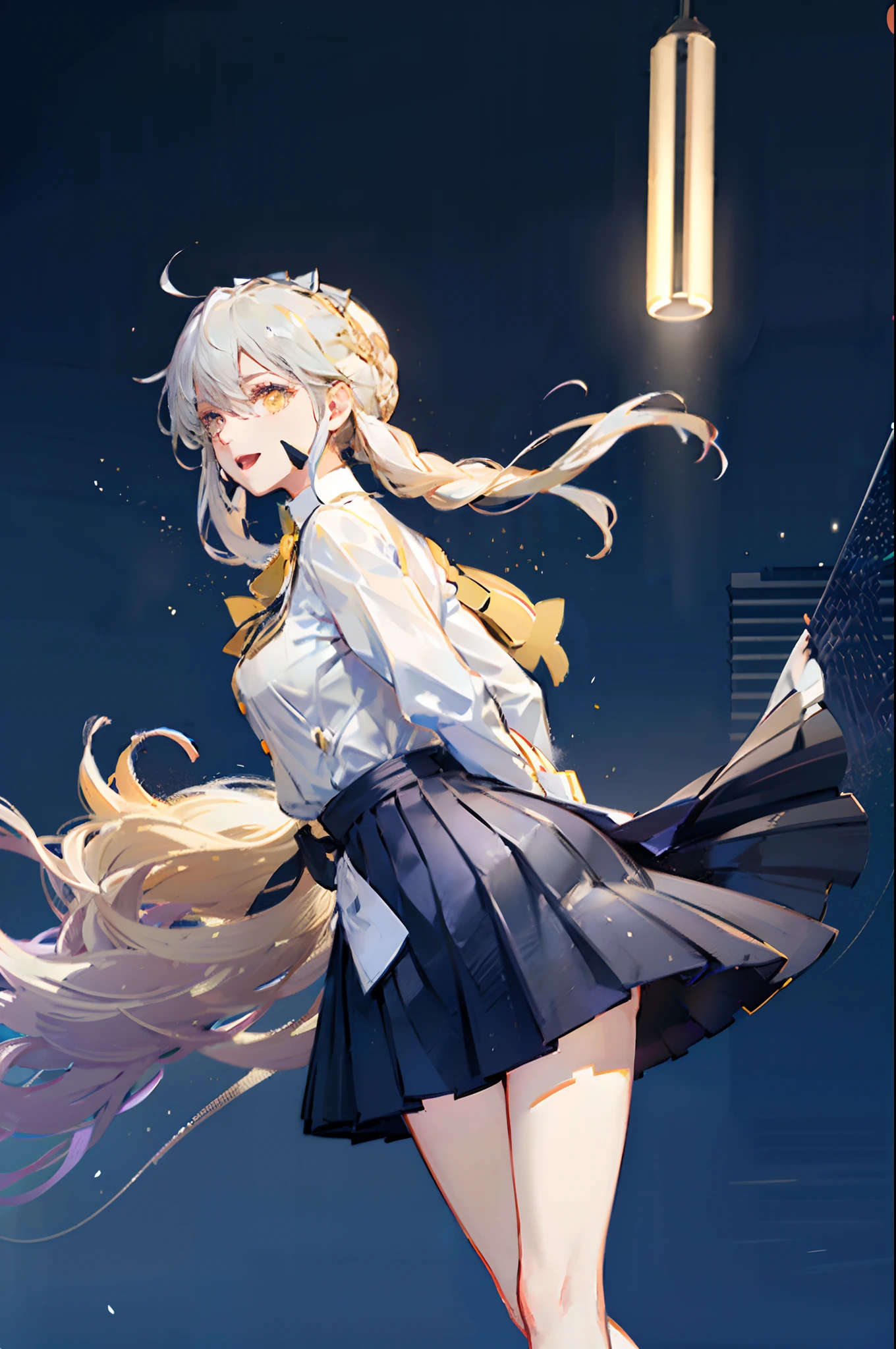 ((masterpiece, best quality)), (1girl), (solo), (female focus), (ahoge, white hair, very long hair), golden eyes, clear smile, open mouth, ((white shirt), (buttoned shirt), (gap button)), ((black skirt), (short skirt)), standing, white background, arms behind back, dynamic angle