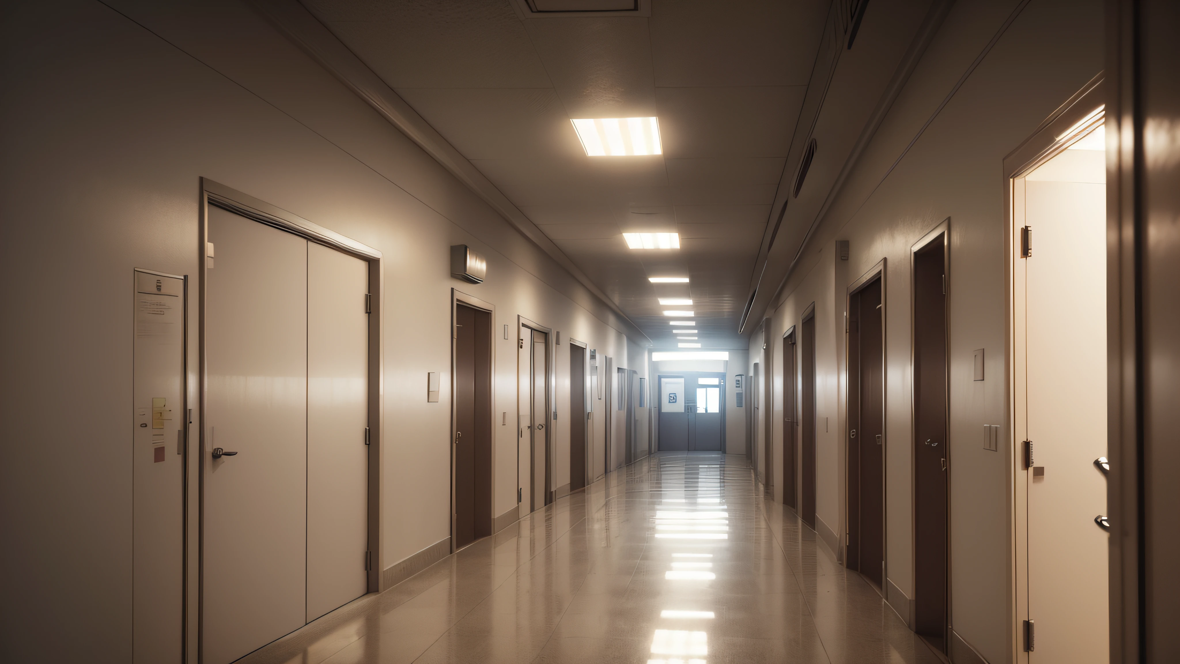 Extremely detailed, best quality, internal area of a hospital, hospital corridor, gloomy, stretcher in the corridors, 8k, realistic, night, gloomy environment