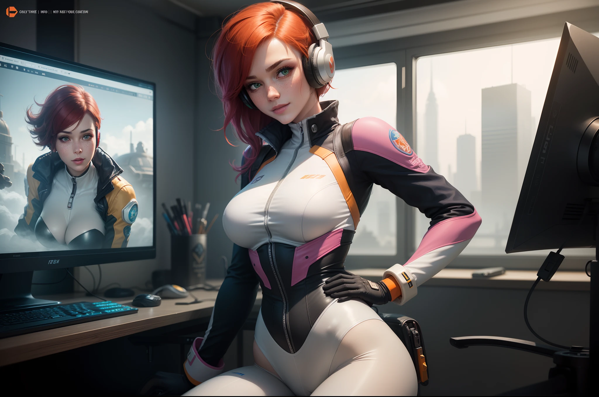 gwen tennyson,tracer,d.va,rebecca chambers,overwatch,gundam,sologirl,close up,mecha pilot,spacecraft,orange and blue plugsuit,pilot jacket,hair pin,pirate corset,white long sleeve lycra top,white leggings,short hair,cute makeup,green eyes,orange and pink hair,shy smile, freckles,redhead,beautiful girl,large breasts,ultra detailed,realistic,fantasy art, gaming room,gaming headset,