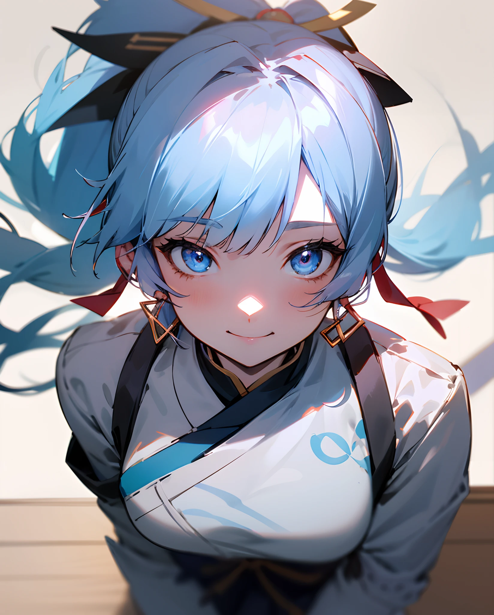 (masutepiece), (Best Quality), (ultra-detailliert),(disheveled hair),(Illustration), (1girl in), Standing, Smiling, Beautiful detailed eyes, Light blue eyes, Detailed beautiful face, (kamisato ayaka: 1.2), Focus on Face,  Ponytail, kamisato ayaka(GenshinImpact), Light blue hair, detailed hairs, Bangs, The best lighting, Best Shadow, Highly detailed, Vibrant