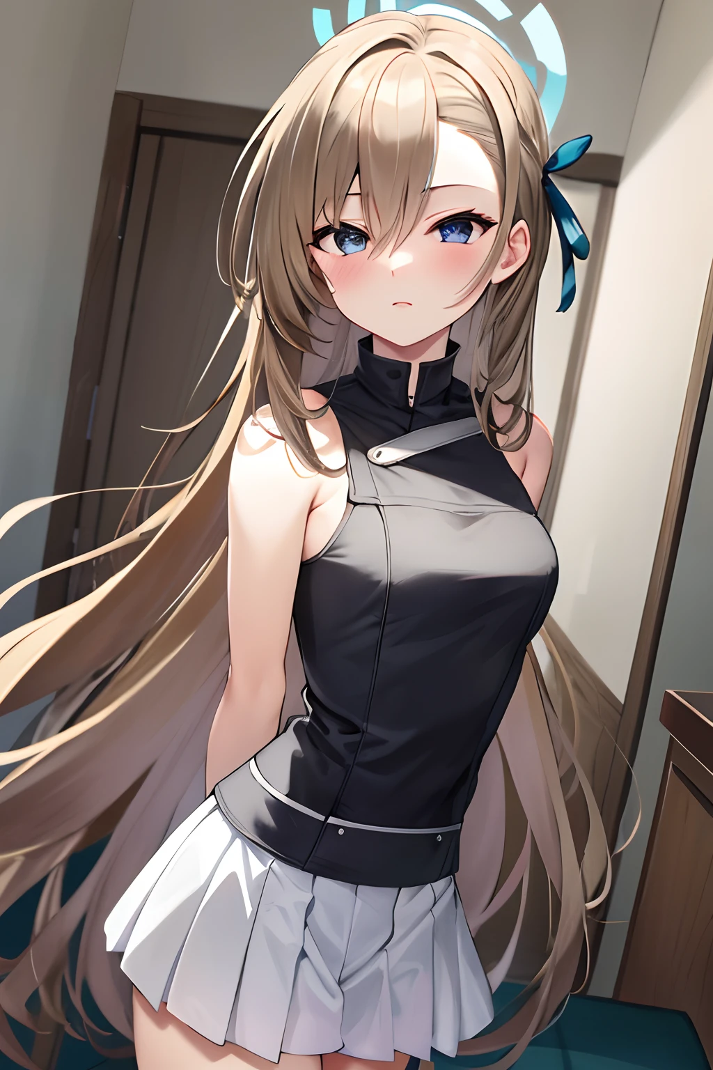 (Altas Resoluciones), (absurdos), (La mejor calidad), (alta calidad), (Obra maestra), 1girl, Asuna, ojos azules, Cabello largo, halo, Pelo sobre un ojo, Pelo muy largo, brown light hair, (senos grandes), cinta para el cabello, Sirvienta, tocado de sirvienta, delantal, Volantes, Delantal con volantes, mangas hinchadas, manga corta, Guantes blancos, muslos blancos, arms behind back, Mirando al espectador,