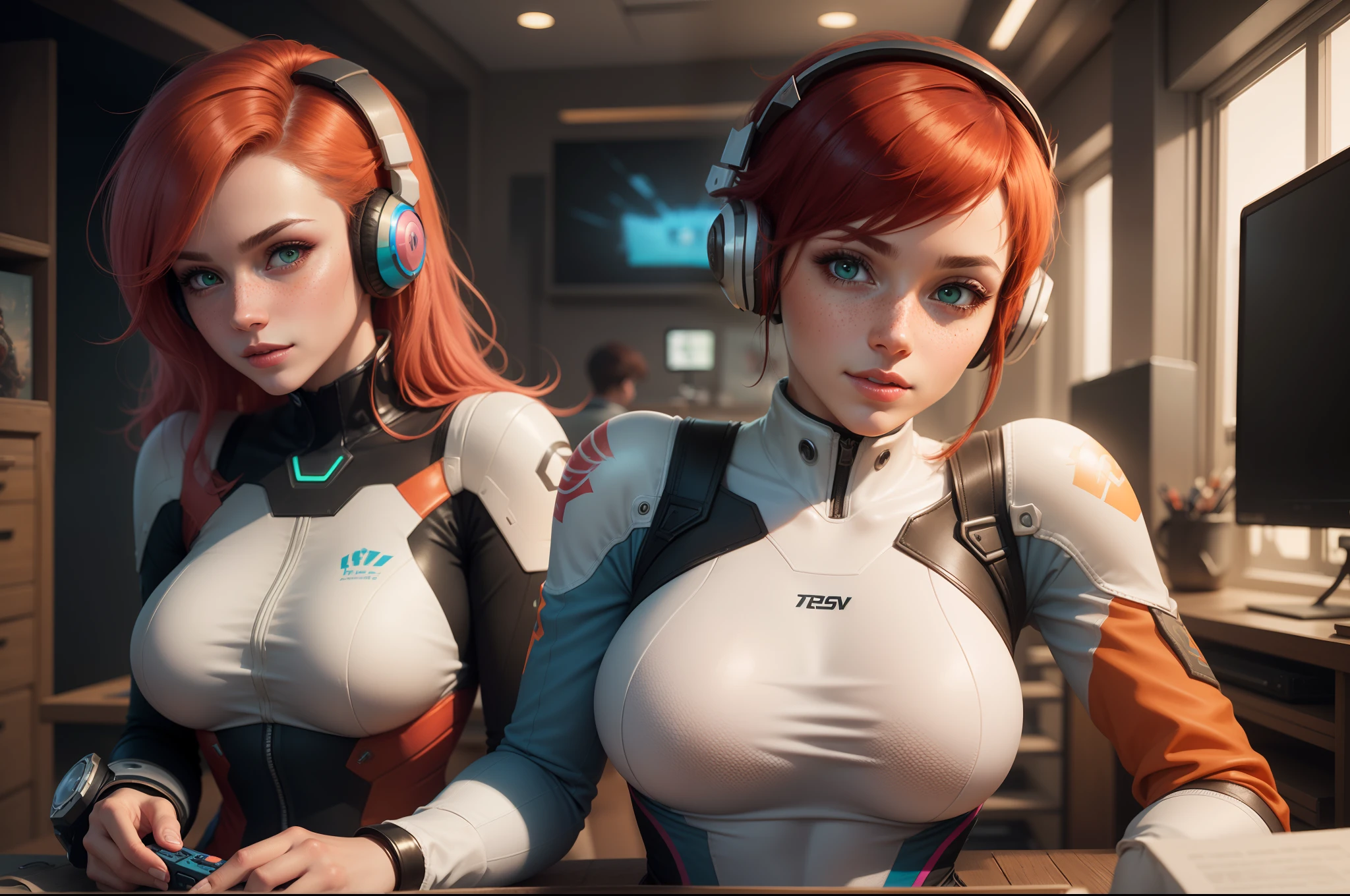 gwen tennyson,tracer,d.va,rebecca chambers,overwatch,gundam,sologirl,close up,mecha pilot,spacecraft,orange and blue plugsuit,pilot jacket,hair pin,pirate corset,white long sleeve lycra top,white leggings,short hair,cute makeup,green eyes,orange and pink hair,shy smile, freckles,redhead,beautiful girl,large breasts,ultra detailed,realistic,fantasy art, gaming room,gaming headset,
