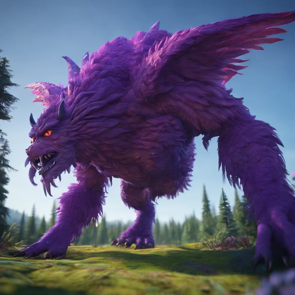 Purple Monster, flying over the forest