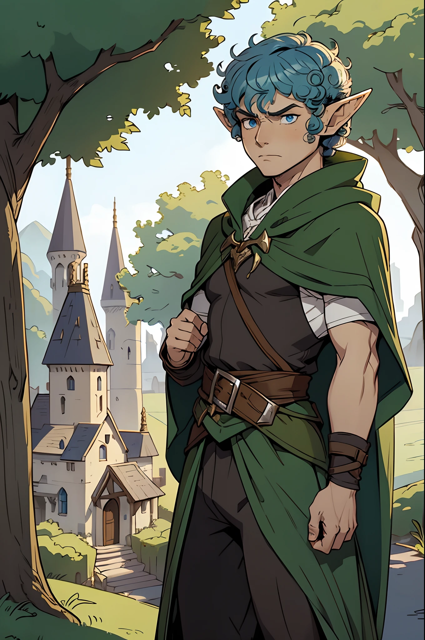 Solo, male, 1boy, (((elf, elf ears))), blue eyes, (((curly hair, short hair))), fantasy village, cloak, angry, frustrated, annoyed