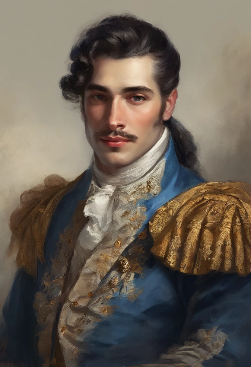 Handsome Renaissance nobleman. In photograph style. Realistic. Masterpiece. Renaissance fashion is characterized by dressy and elegant design。Ruffles and laces、2. **hairstyle on**: Men's hairstyles in the Victorian era are often short and neat with longer hair tied up in a pony tale。3. **Features**: Man's facial features with elegant features、Handsome、vulpine、Sly, welcoming, smiling, vulpine grin, friendly. Clothes, Dublet, blue and black. Long Black Hair. Ponytail. Wears a golden broach. The broach is in the form of a bird.