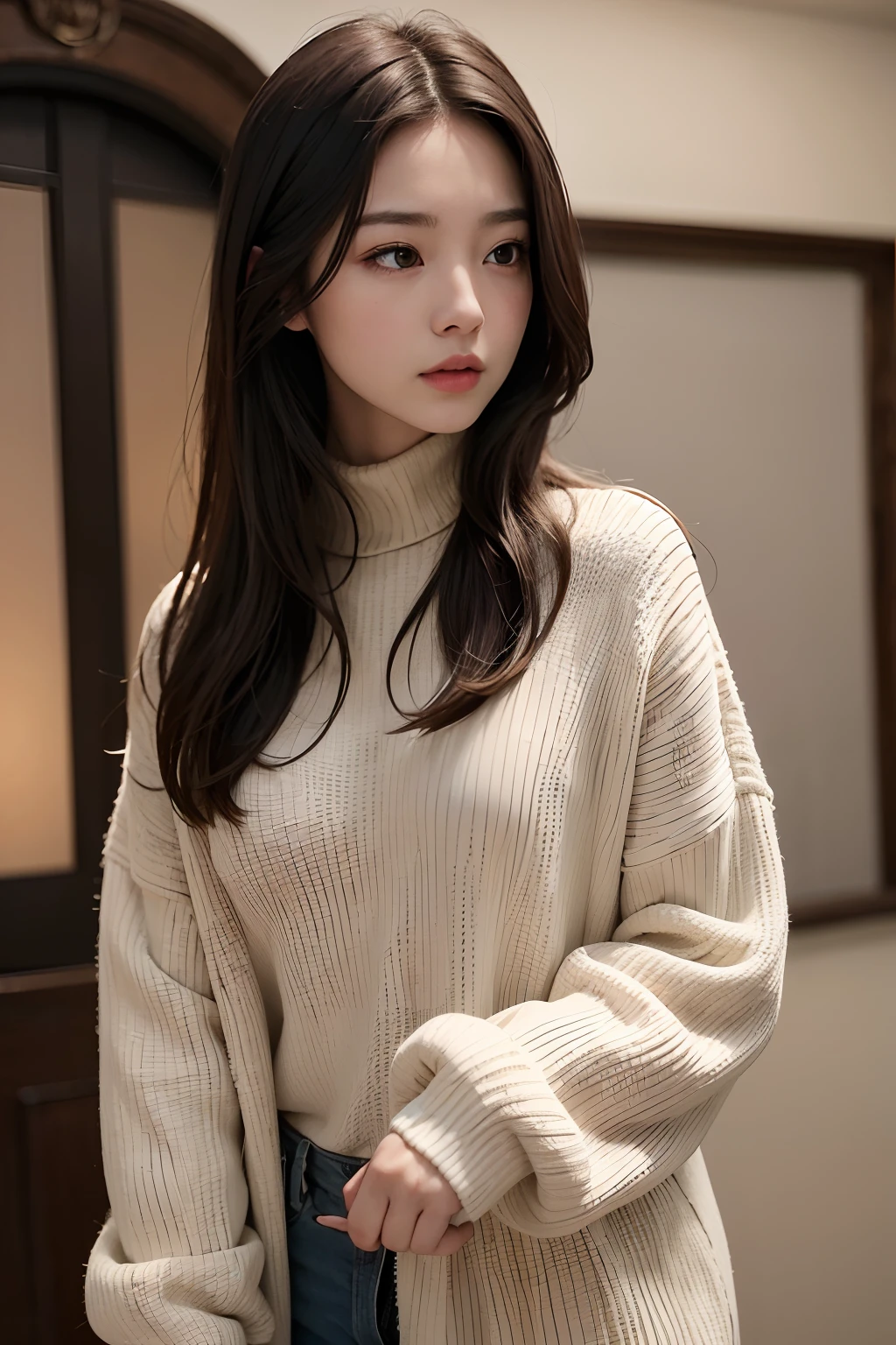 (RAW photo, Best quality), (Realistic, photo-realistic:1.2),High quality, (highdetailskin:1.4), 1girll，fall asleep on the table,Sweaters，huge tit