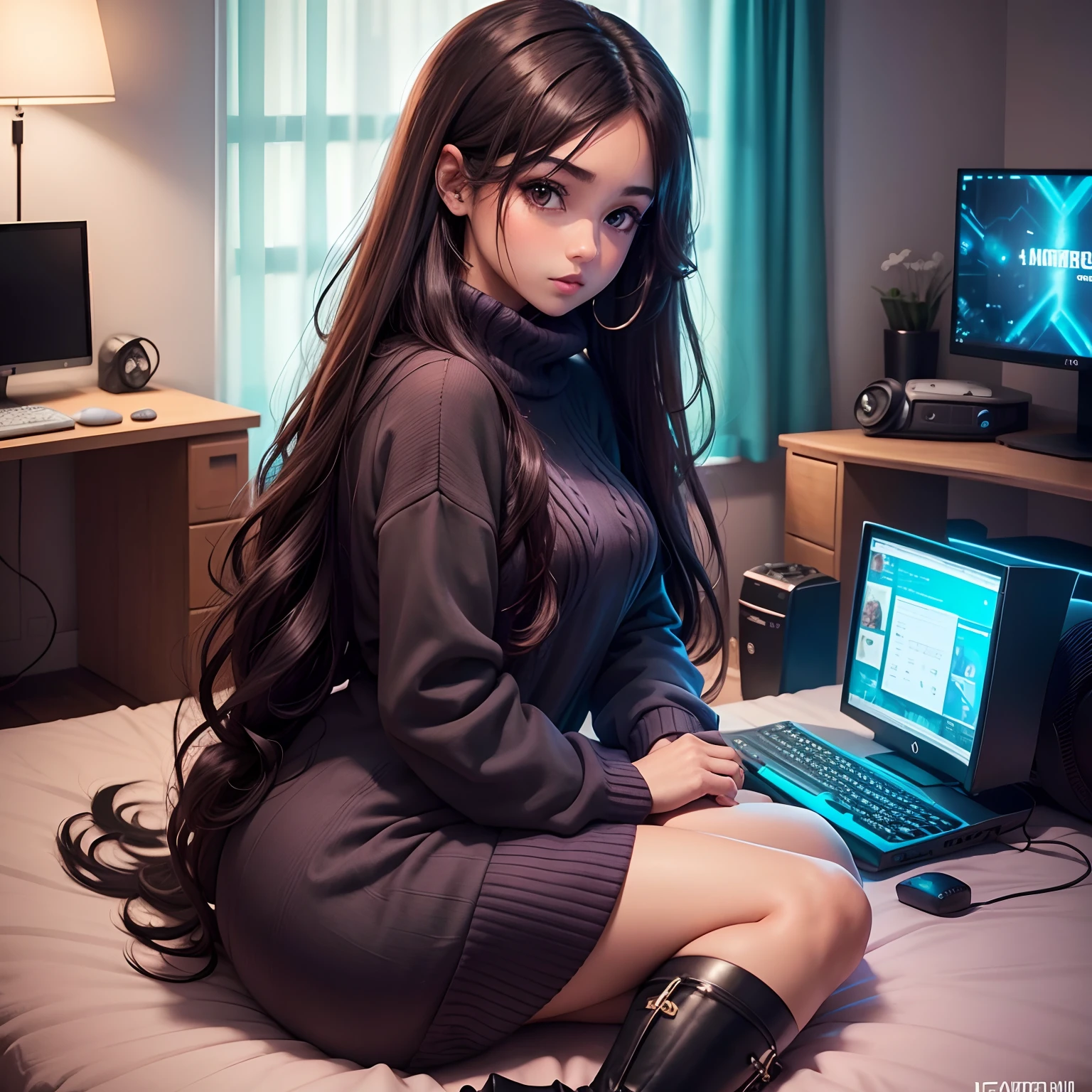 Sexy anime Latina, gamer, long dark brown hair, Sweater dress dark purple, cyan and black, black knee high boots, cozy room, computer, small dog