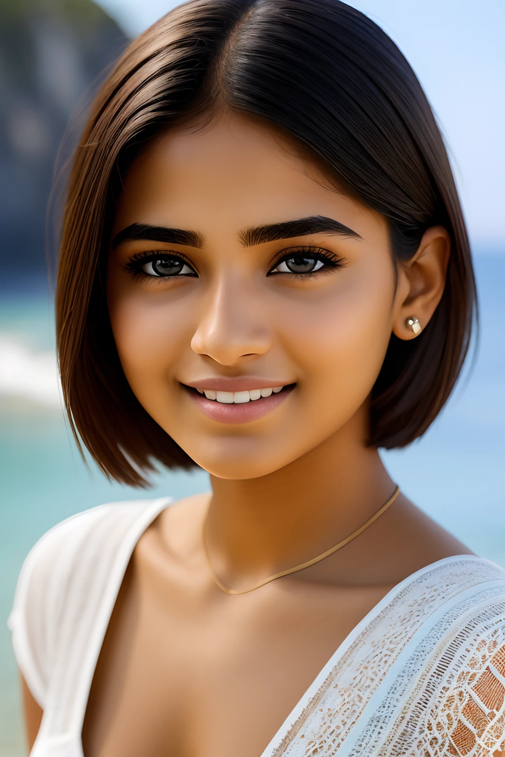 (ultra-realistic), beautiful light, best quality, realistic, full body portrait, real picture, intricate details, depth of field, 1 young girl, 20 years old, beautiful Indian girl, extremely detailed short hair, highly detailed, perfect face, blue eyes, Big Smile, lips, Fujifilm XT3, seashore, bright day, beautiful light, RAW photo, 8K UHD.