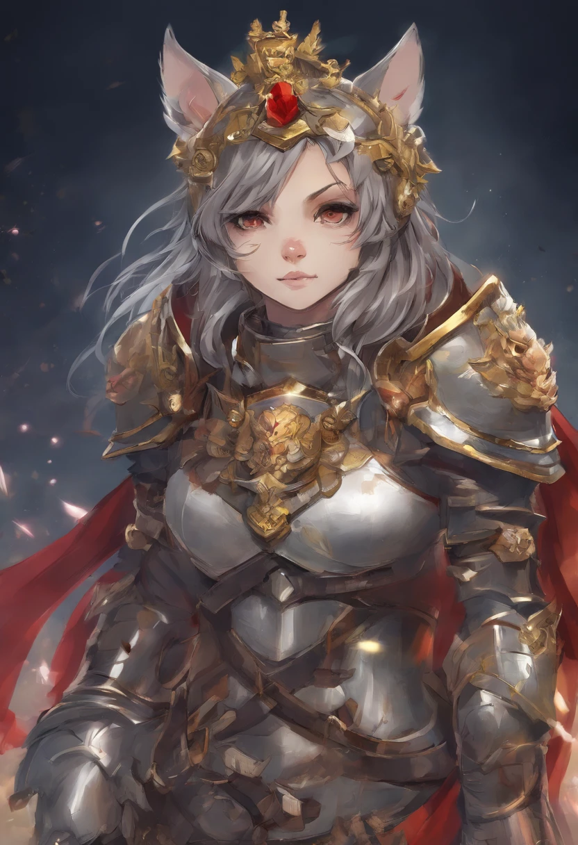 Bulldog anime girl, grey steel armor, grey roman-like helm with yellow crest, brown skin and hair, red collar with spikes, bulldog fangs, masterpiece, best quality
