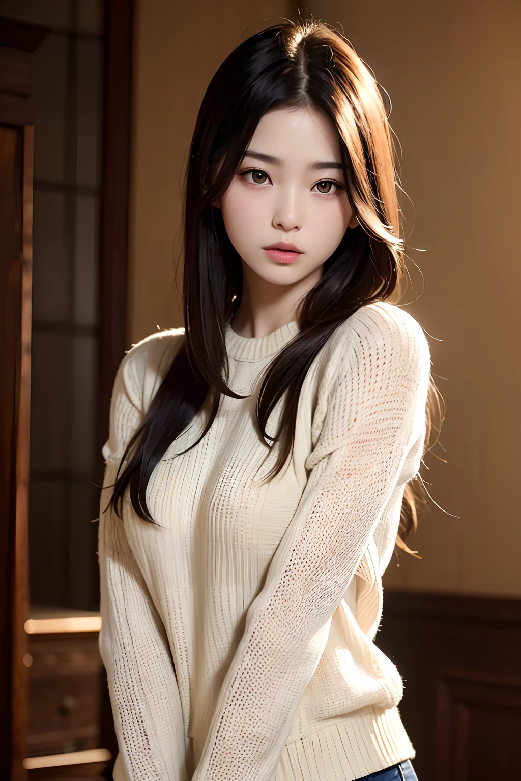 top-quality、masterpiece、超A high resolution、(Photorealsitic:1.4)、Raw photo、 1 人、Korean actress、length hair、Golden hair、Eyes and faces with detailed、White sweater、Dynamic lighting、in the darkness nigth、deep-shadows、lowkey、Cowboy Shots