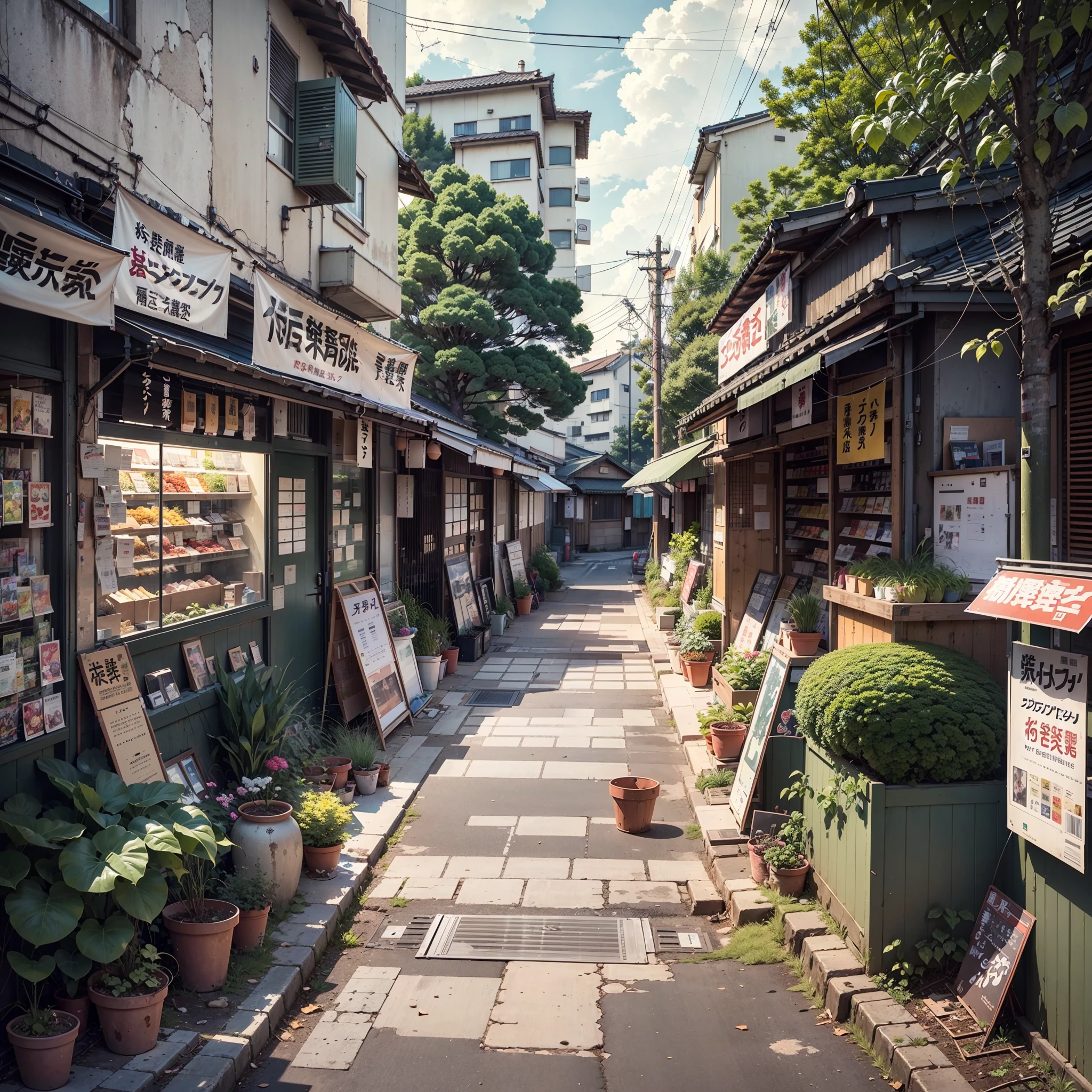 abandoned, slightly overgrown, empty, modern suburban Japanese street. closed shops on either side of the street. trees. plants. plant pots. rocks. air ventilation systems. road works. big Japanese shop signs. retro Japanese shop signs. anime style, anime, lofi style, lofi. gloomy weather, sun emerging from clouds. (no one: 1), no people. best quality