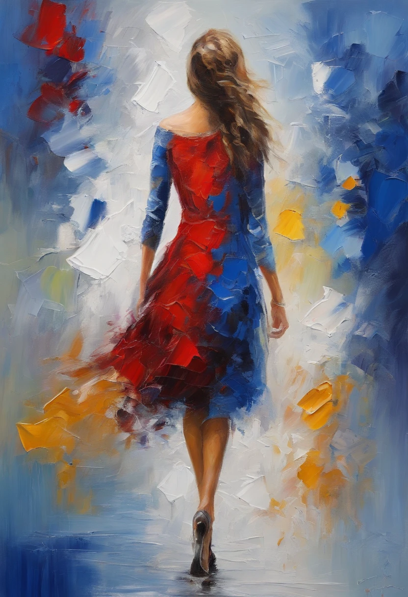 (best quality,realistic:1.37), painting of an emotional girl, snowy whimsical fantasy scene, vibrant colors of white, crimson, and royal blue mini dress, abstract shapes and lines brush strokes, poster art, emotional atmosphere. Impressive oil on canvas
