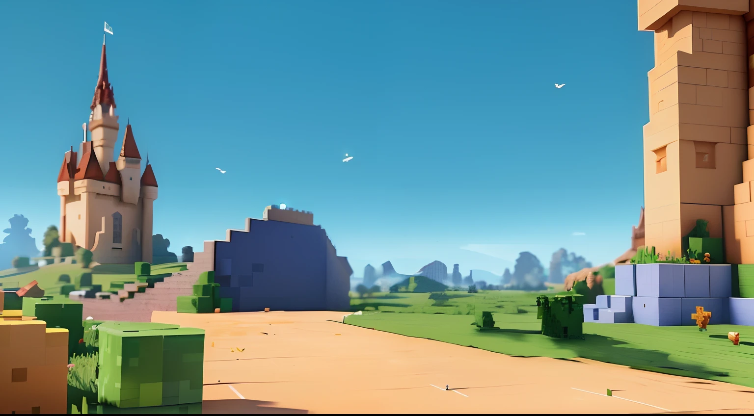 A closeup of a small castle with a green field and a blue sky, videogame ainda, Ultra Wide Gameplay Captura de tela, animation style rendering, mundo baseado em voxel, shaders de desenhos animados, fundo do videogame, no estilo de jogo 8k, voxels, captura de tela do videogame, arte futura, suave em _ O pano de fundo, in - imagens do jogo, Imagens do jogo