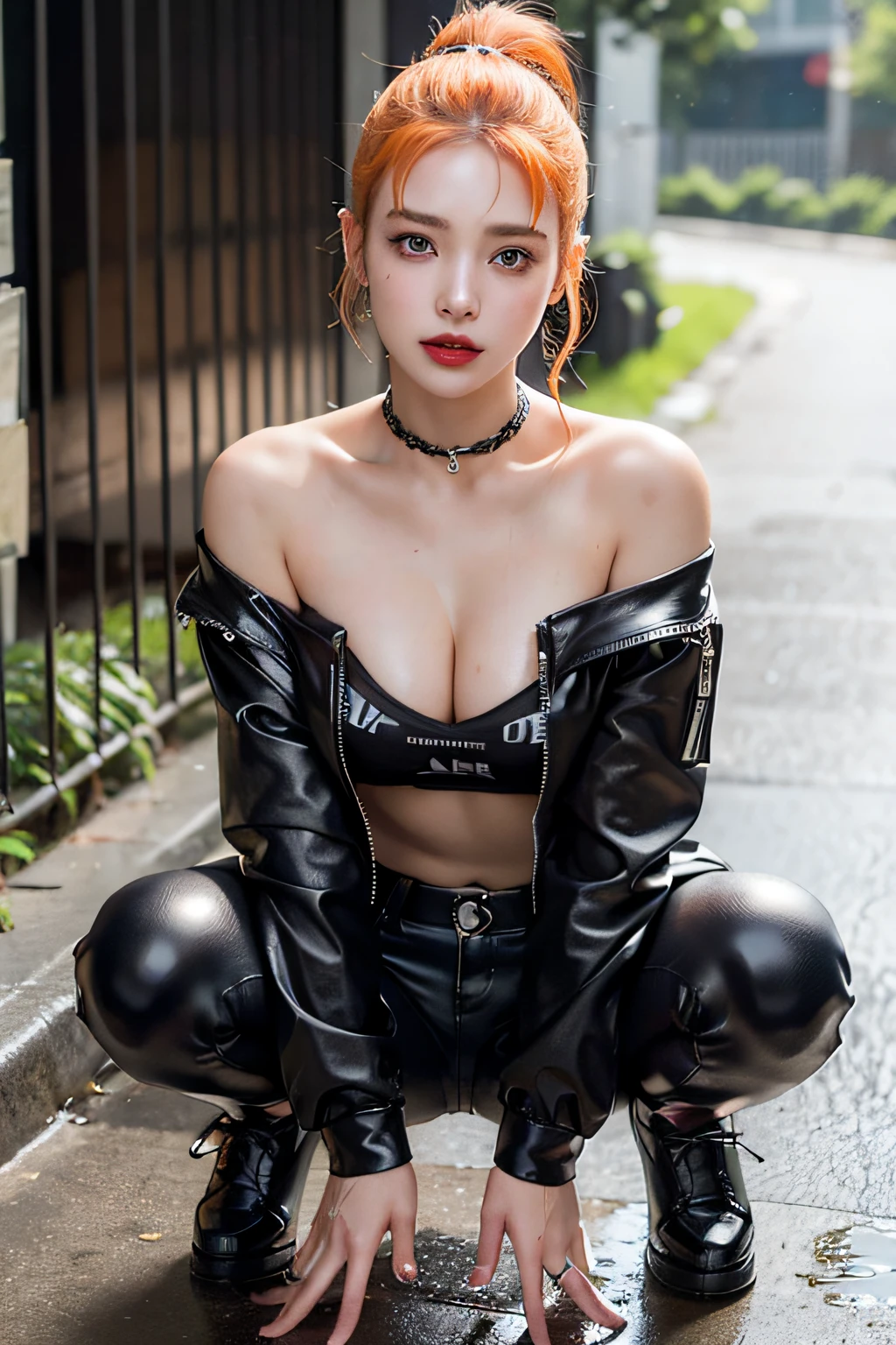 sologirl,Back alley in heavy rain,Drenched bad girl,piercings,Punk rock fashion,Punk rock shirt with chain,Punk rock pants with chain,a choker,(The whole body is soaking wet,Rainwater dripping from the face,Wet face,wetting hair,Wet and glowing skin,Soaking wet costumes,),(Shiny silver and orange hair,Short ponytail),(The composition of the princess's face,big eye,Pointed lips,red lipsticks,Cute round face,A smile that makes the viewer happy,blushing with embarrassment,red blush,),(Bold poses,(The 8k quality,masutepiece,top-quality,Ultra-high resolution output image,),intricate detailes,(Highly detailed raw photos:1.3),(Image Mode Ultra HD),crouching down