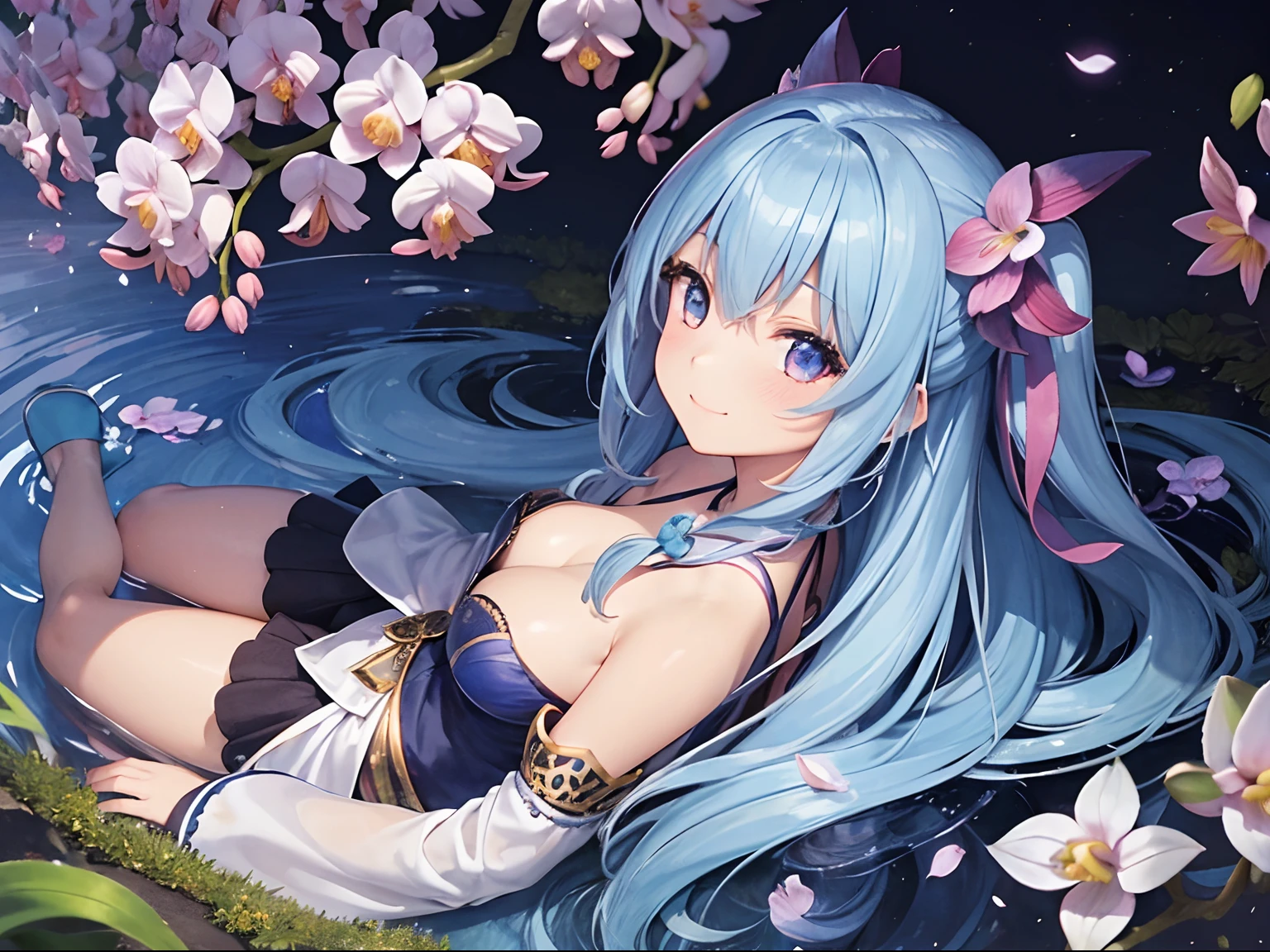(hight resolution、ultra-detailliert、nffsw、movie)、独奏、1girl in、Happiness、Orchids on the sides、Girl around orchid petals、A charming smile、full body Esbian、Long-haired girl with blue hair、lightblue hair、facing front、Fantasia、Official art、pop-art、profile、hyperdetailed face、ultradetailed eyes、Orchid Garden、Ultra Detailed Fields、White blue sky、 shuicolor、blanche、Nebulae in the sky、Landscape of autumn leaves、watercolor paiting、PastelColors
