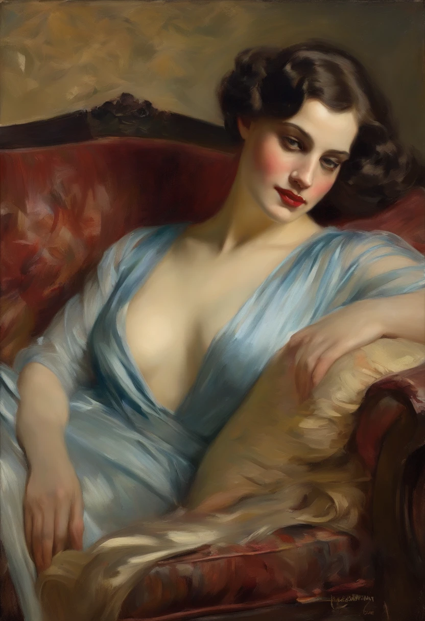 NSFW, painting of An elegant 1920s woman laying on a couch, she has a blue dress on, long brown hair, and brown eyes, she is elegant, sexy, gorgeous, oil on canvas in the style of ambrose mcevoy. sexy, glamorous pin-up girl, john singer sargent style, inspired by Tom Lovell, inspired by John Singer Sargent, inspired by Frederic Leighton, by Tom Lovell, inspired by Sargent Johnson, art style of john collier, inspired by Konstantin Vasilyev, albert lynch, inspired by Willem Kalf