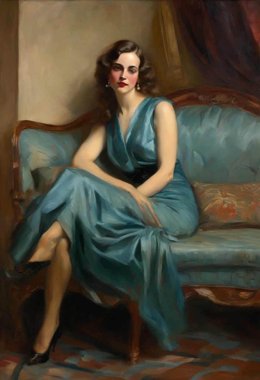 NSFW, painting of An elegant 1920s woman laying on a couch, she has a blue dress on, long brown hair, and brown eyes, she is elegant, sexy, gorgeous, oil on canvas in the style of ambrose mcevoy. sexy, glamorous pin-up girl, john singer sargent style, inspired by Tom Lovell, inspired by John Singer Sargent, inspired by Frederic Leighton, by Tom Lovell, inspired by Sargent Johnson, art style of john collier, inspired by Konstantin Vasilyev, albert lynch, inspired by Willem Kalf
