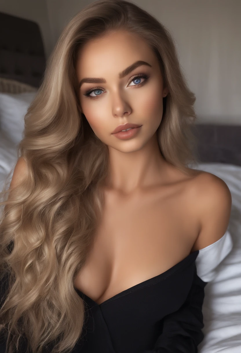 arafed woman fully , sexy girl with blue eyes, ultra realistic, meticulously detailed, portrait sophie mudd, blonde hair and large eyes, selfie of a young woman, bedroom eyes, violet myers, without makeup, natural makeup, looking directly at the camera, face with artgram, subtle makeup, stunning full body shot kneeling on bed, in bedroom, medium to large size bust mixed race