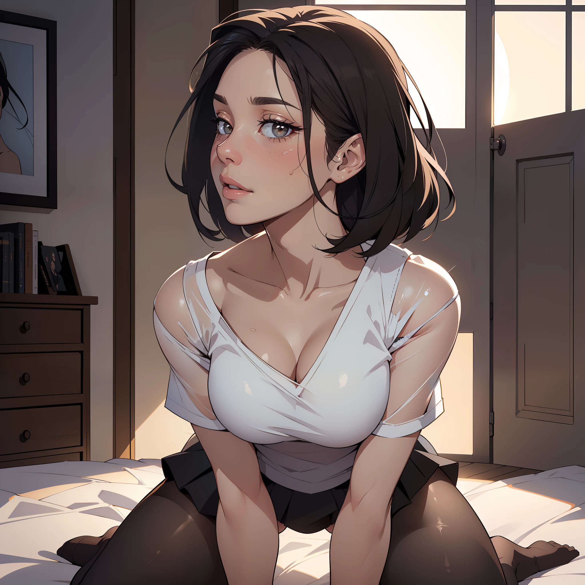 Hyper realistic super detailed sexy woman, Une fille confiante, NSFW, Very detailed, expressions faciales sexy, seductive facial expressions, [:(Face detail: 1.4): 0.4], 16K resolution, 4k resolution, dinamic lighting, High definition resolution, (sexy pose, Position attrayante), (hyper realistic: 1.4), (back light: 1.2), (sun light: 1), (pleine hauteur: 1.8),(contrasting background: 1.5), (Anatomy of the hyperrealistic arm), (Hyperrealistic anatomy of the legs), (peau propre), (lighting cinematic: 1.7), (intime), (Technologie NVIDIA RTX Ray Tracing), (Anatomy of the hyperrealistic arm: 2), (Ventre plat parfait), (image couleur),Top Quality, Beautiful Woman, Innocent, Very Delicate and Beautiful, Ultra High Definition, (Photorealistic: 1.4), Golden Hour Lighting, (Upper Body), (Platinum Shorthair: 0.8), (Puffy Eyes), Look at the viewer, Facing Front, Laughing, JK Uniform, Miniskirt, White Panties, Shirt Lift Long Black Hair, Korean, Erotic, Inviting gaze, clothes are peeling, bra is visible, underwear is visible, double eyelids, 8 heads, beautiful legs, black pantyhose, white T-back, crawling on all fours