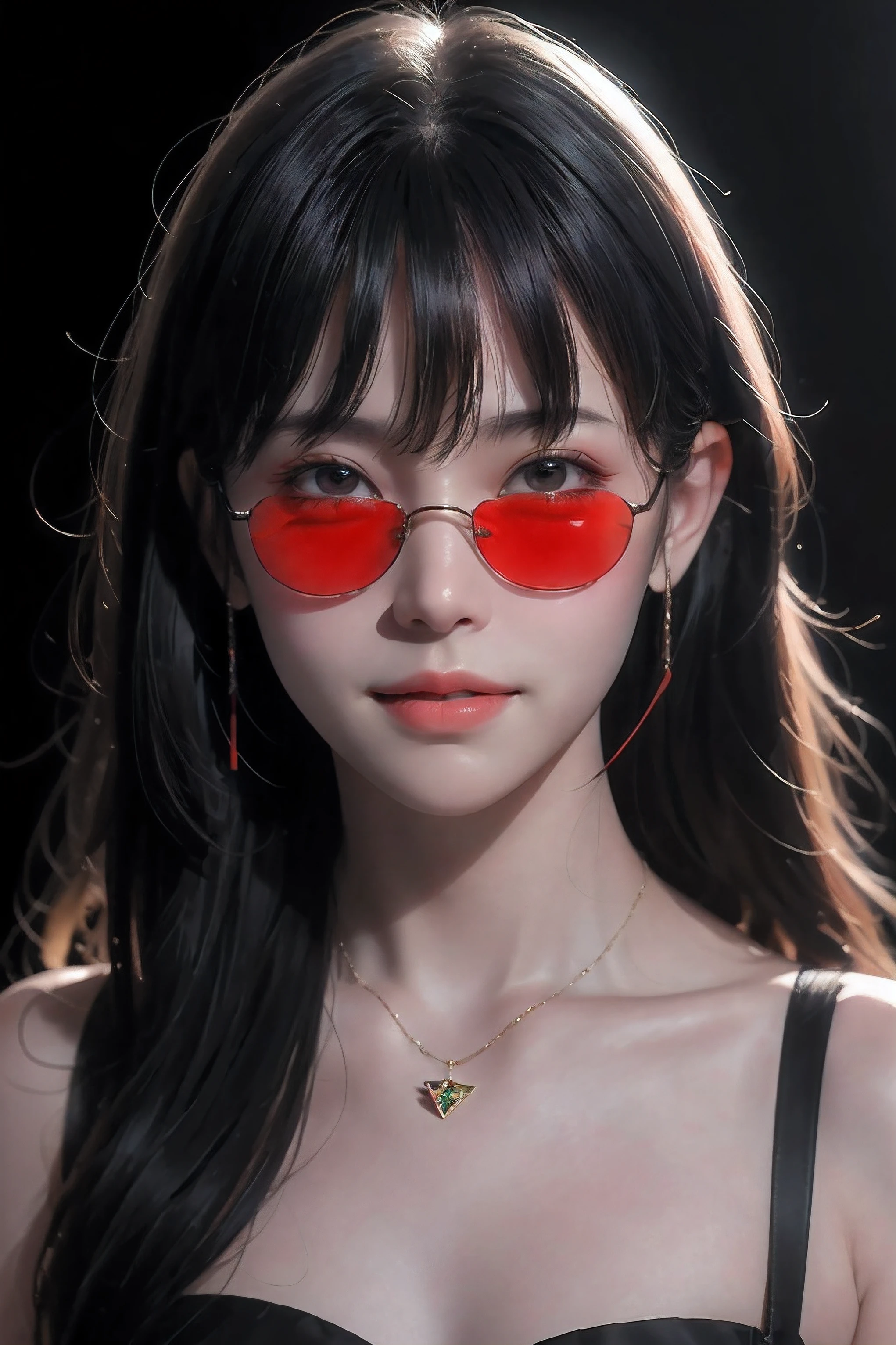 Raw, cinematic shot, (sharp focus:1.5), (photorealistic:1.2), twilight lighting, volumetric lighting, a young girl with green and red lipstick and black hair wearing sunglasses, 1girl, solo, jewelry, long hair, looking at viewer, black hair, red background, mole, necklace, tinted eyewear, simple background, round eyewear, red-tinted eyewear, mole under mouth, sweater, bangs, upper body