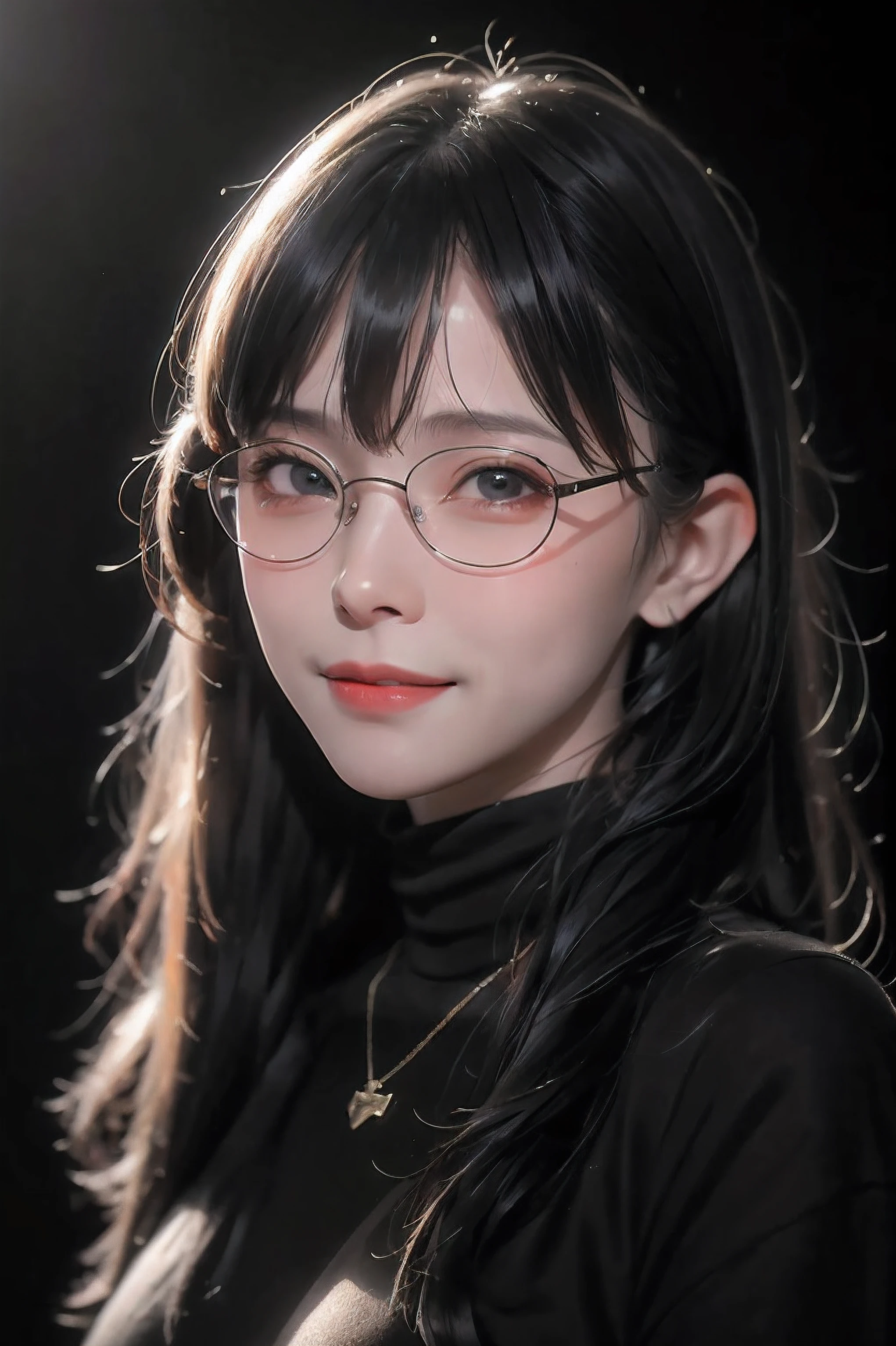 (highest quality,4K,8k,High resolution,masterpiece:1.2),Very detailed,(Realistic,photoRealistic,photo-Realistic:1.37), Close-up of a woman with dark hair and wearing a black dress, Dark Eyes,an ominous笑顔,((((Glasses))))、((((big sapphire necklace))))、Evil Aura,Burning Flames,Soul Corruption,Dark Shadows,an ominous雰囲気,Strange symbols,Cursed Land,Eternal Darkness,An unforgettable presence,Intimidating person,Grotesque features,Horror Scene,twisted reality,Scary atmosphere,A wonderful work of art,Evil Unleashed,Supernatural horror,Spooky art,nightmare fuel,Terrifyingly clear,Abstract fear,Terrifyingly beautiful,masterpiece,Fear incarnate,Shadow Chaos,existence,to be born々Shii Darkness,in style of Dark Fantasy Art, Dark Fantasy Art, Beautiful and elegant queen of darkness, Dark Fantasy Art, fantasy dark art, Dark fantasy digital art, Gothic fantasy art, Gothic Dark Maiden, Detailed Texture,Spooky creatures,an ominous雰囲気,Mythical,Space horror,darkness,Mysterious,Dark aesthetic,Fog Background,Eyes of another world,Ancient Gods々, Powerful wizard, Mysterious森の中に立つ. Flowing robes decorated with symbols, Arms stretched out, Powerful,Tentacles,Pitch black blackness,Majestic,Unfathomable depth,nightmare,The existence of the universe,an ominous存在,seeping darknesss,Secrets of the Universe, (Spooky atmosphere), (((Dramatic Shadows), (Dynamic pose), ((Artistically expressed)), ((attractive), (Gothic), (Mysterious Setting), (Moody color palette), (Skillfully drawn), (sense of unease), (Intricate details), (an ominous smile), (an ominous), (attractive eyes), (Horror elements), (attractive composition), (Impressive anatomy),(Striking contrast))), (Interesting character designs)、Dark Fantasy Portrait, Portrait of the Dark Goddess,