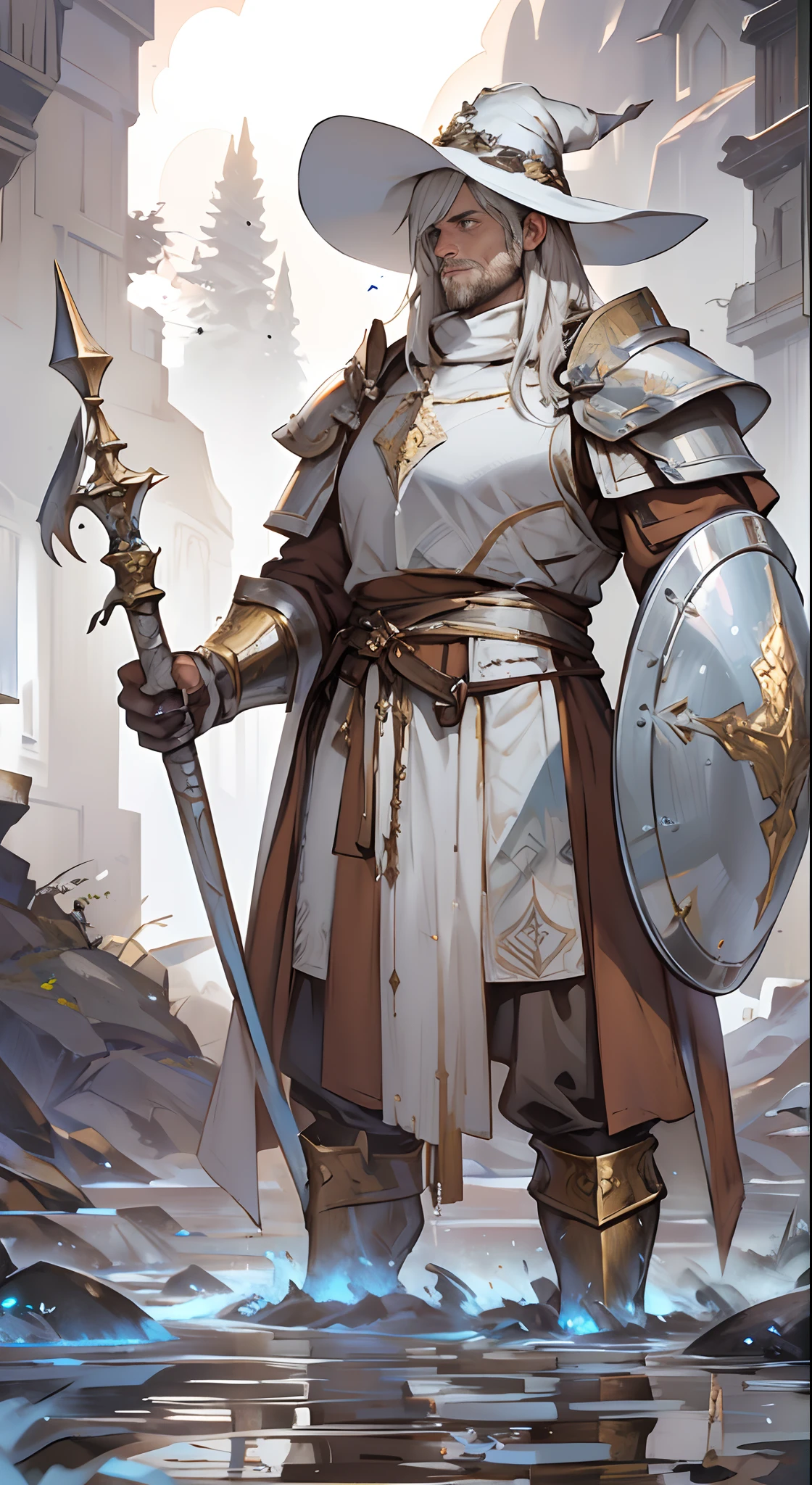 photo realistic large Nordic male human paladin wizard hybrid with silver full plate armor with gold accents ((breastplate)) ((oversized pauldrons)), (wearing a dirty white and gray blood spattered monk habit), (wearing a floppy brown hat), (holding a (((gigantic))) steel shield), (holding a ((long)) ((glowing)) wooden mage's staff), standing in a field of forget-me-nots, next along side of a river running with blood